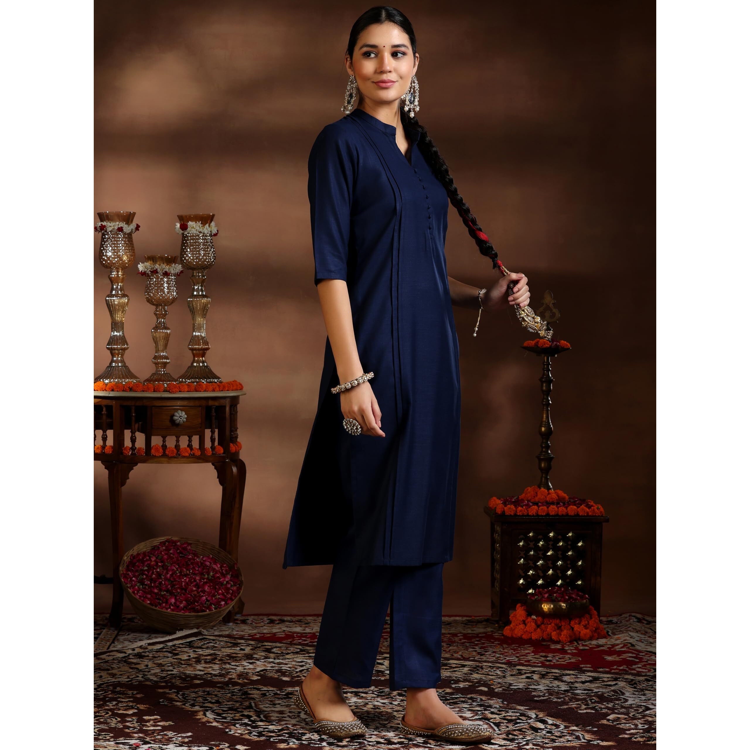Libas Women's Silk Blend Kurta Set (39041_Navy Blue