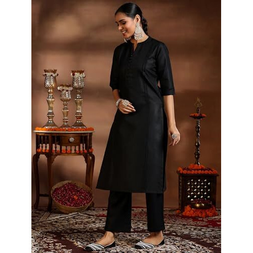 Libas Women's Silk Blend Solid Kurta Set (39042_Black