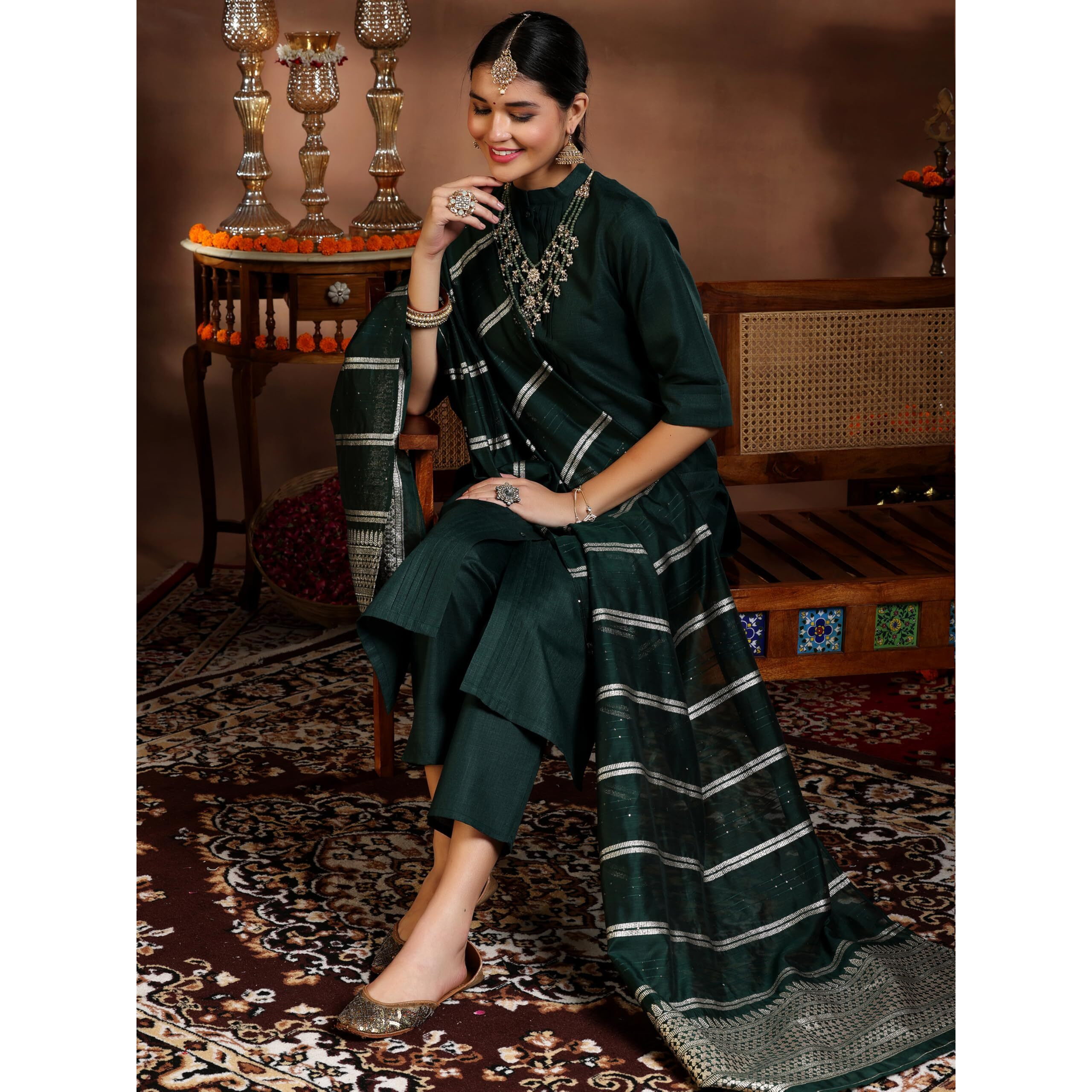 Libas Women's Silk Blend Kurta Set (39049_Green