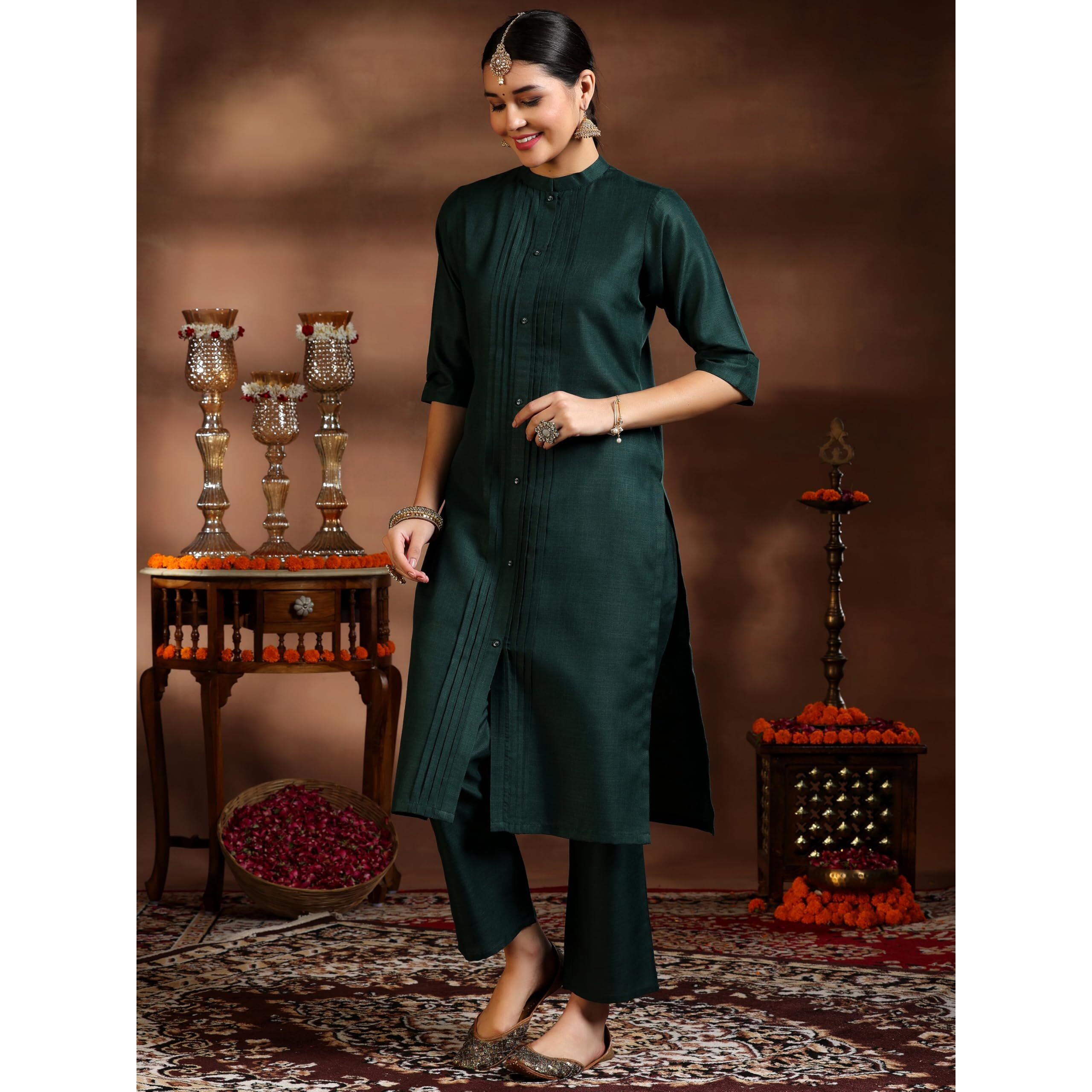 Libas Women's Silk Blend Kurta Set (39049_Green