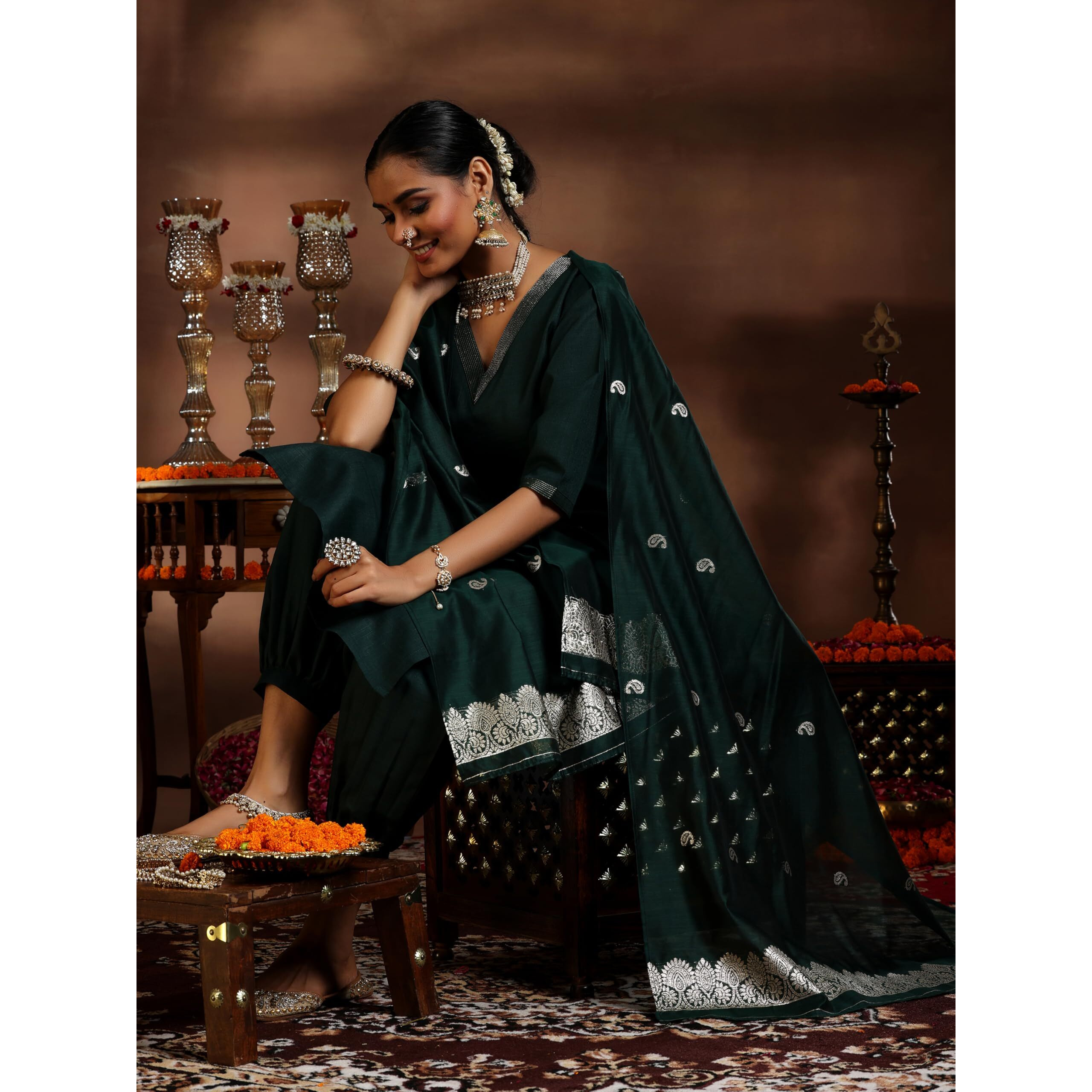 Libas Women's Silk Blend Kurta Set (39051_Green