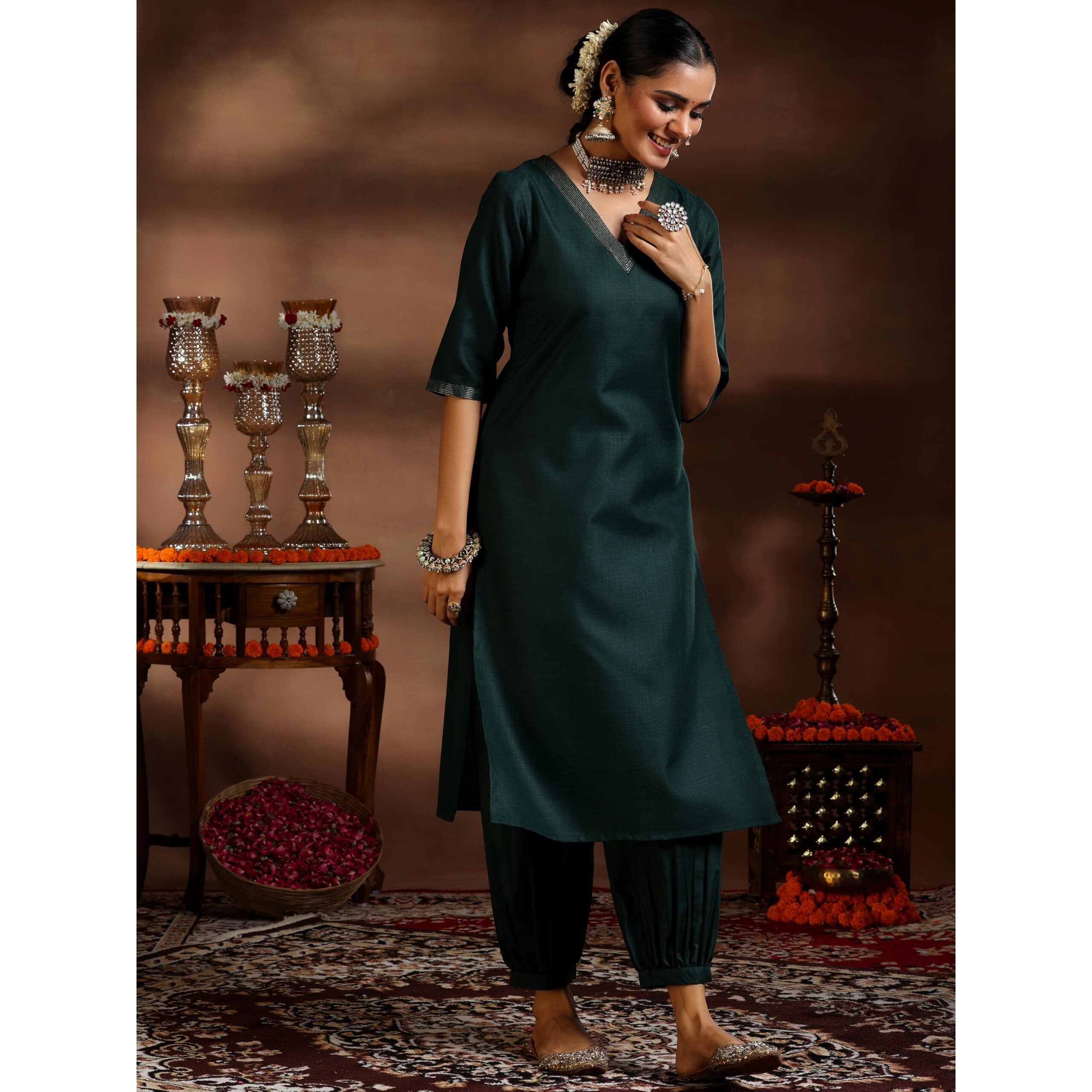 Libas Women's Silk Blend Kurta Set (39051_Green