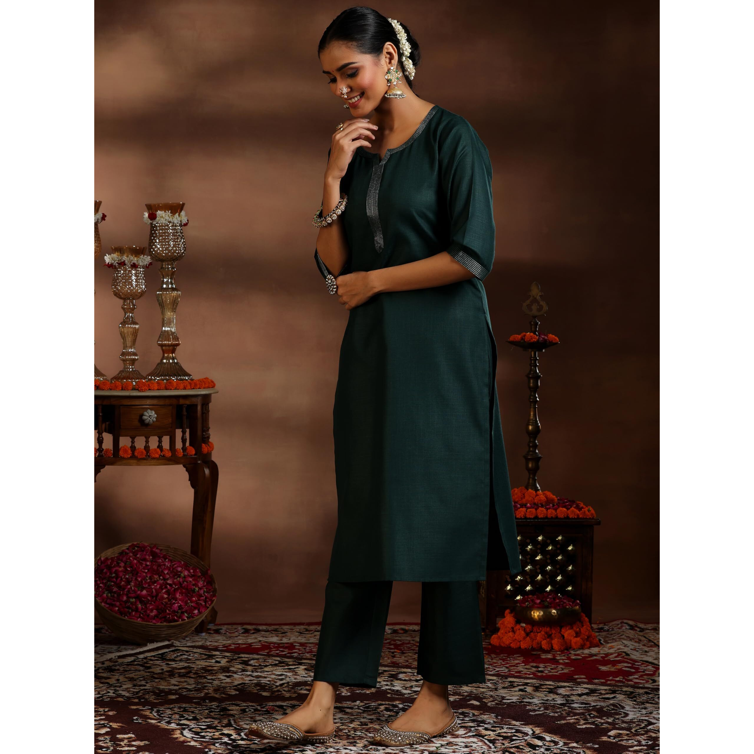 Libas Women's Silk Blend Kurta Set (39055_Green