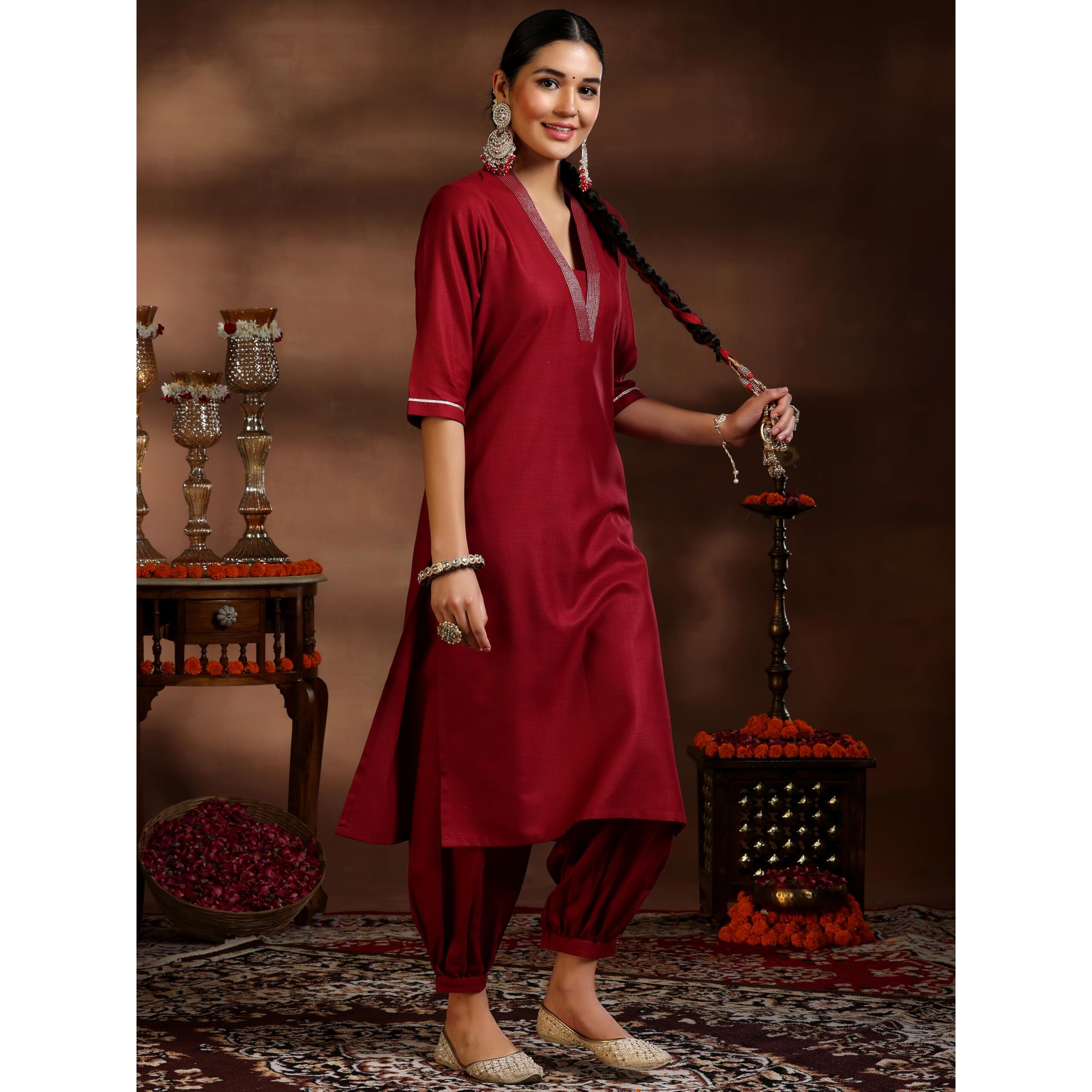 Libas Women's Silk Blend Kurta Set (39060_Maroon