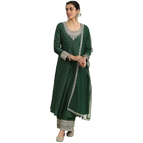 Libas Women's Chanderi Silk Kurta Set (49281_Green