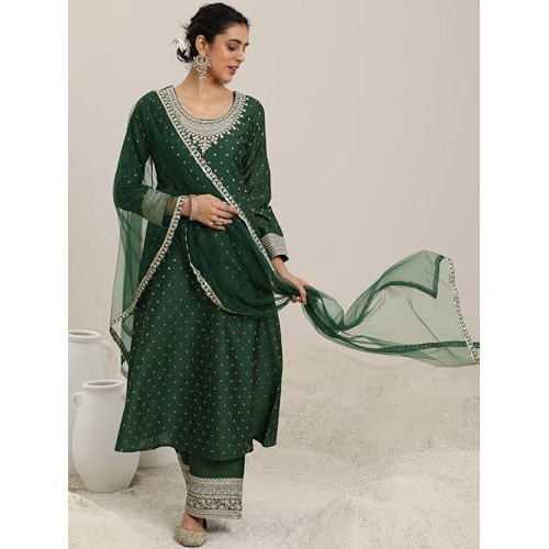 Libas Women's Chanderi Silk Kurta Set (49281_Green