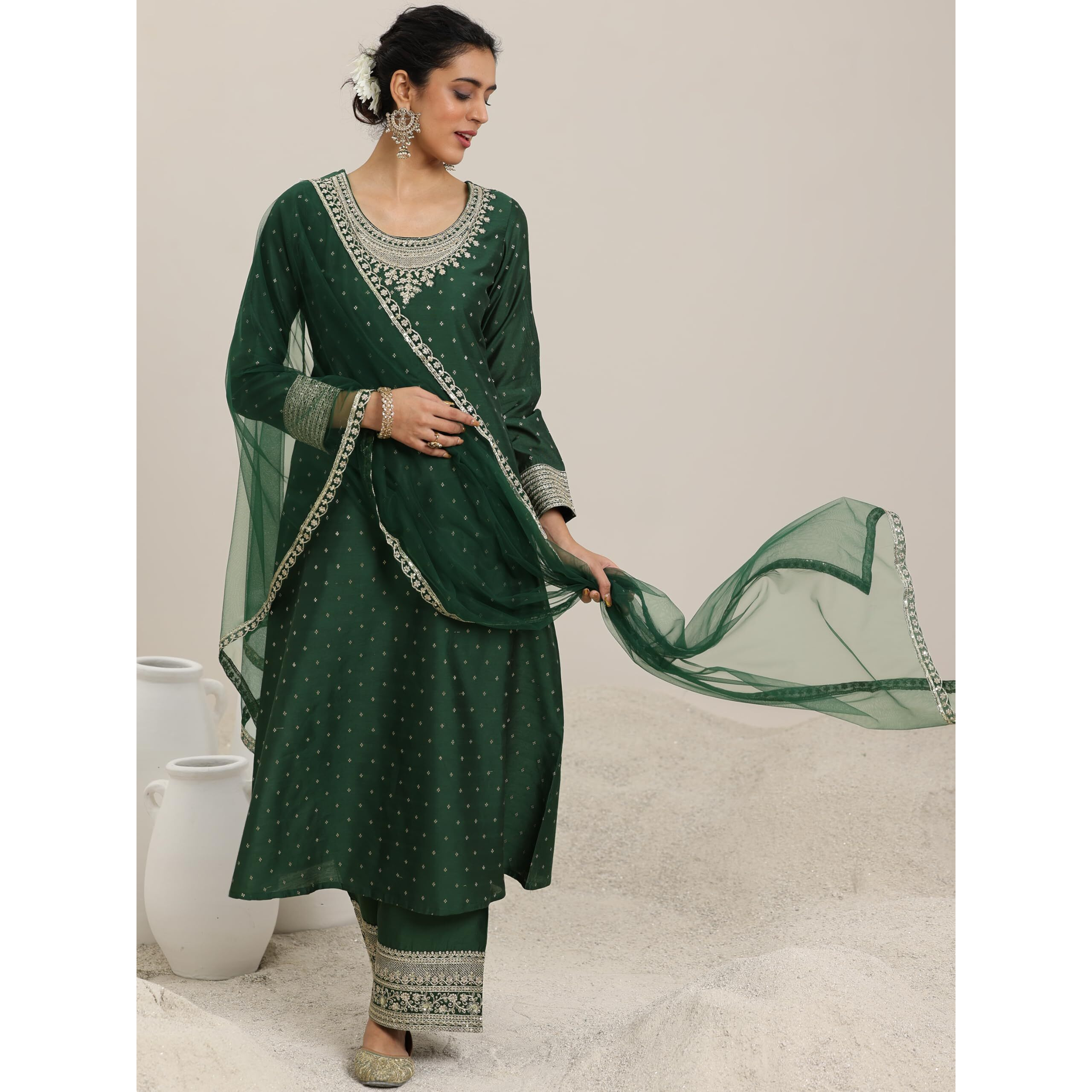 Libas Women's Chanderi Silk Kurta Set (49281_Green