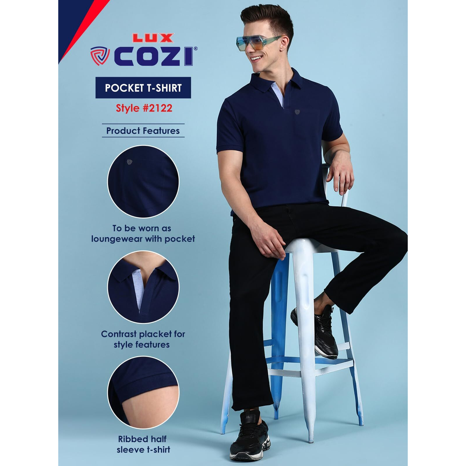 Lux Cozi Men's Half Sleeve Soild Casual T-Shirt with Chest Pocket_COZI_2122_INKBU_M_1PC Ink Blue
