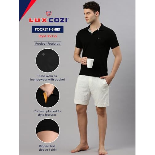Lux Cozi Men's Half Sleeve Soild Casual T-Shirt with Chest Pocket_COZI_2122_BLK_S_1PC