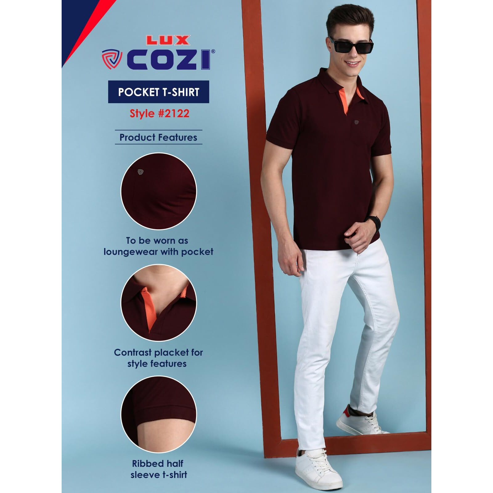 Lux Cozi Men's Half Sleeve Soild Casual T-Shirt with Chest Pocket_COZI_2122_COF_M_1PC Coffee
