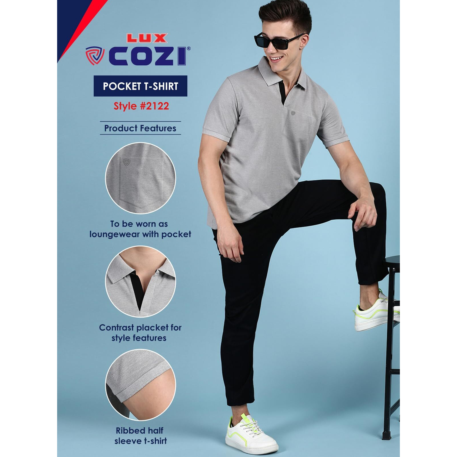 Lux Cozi Men's Half Sleeve Soild Casual T-Shirt with Chest Pocket_COZI_2122_GM_2XL_1PC Grey Melange