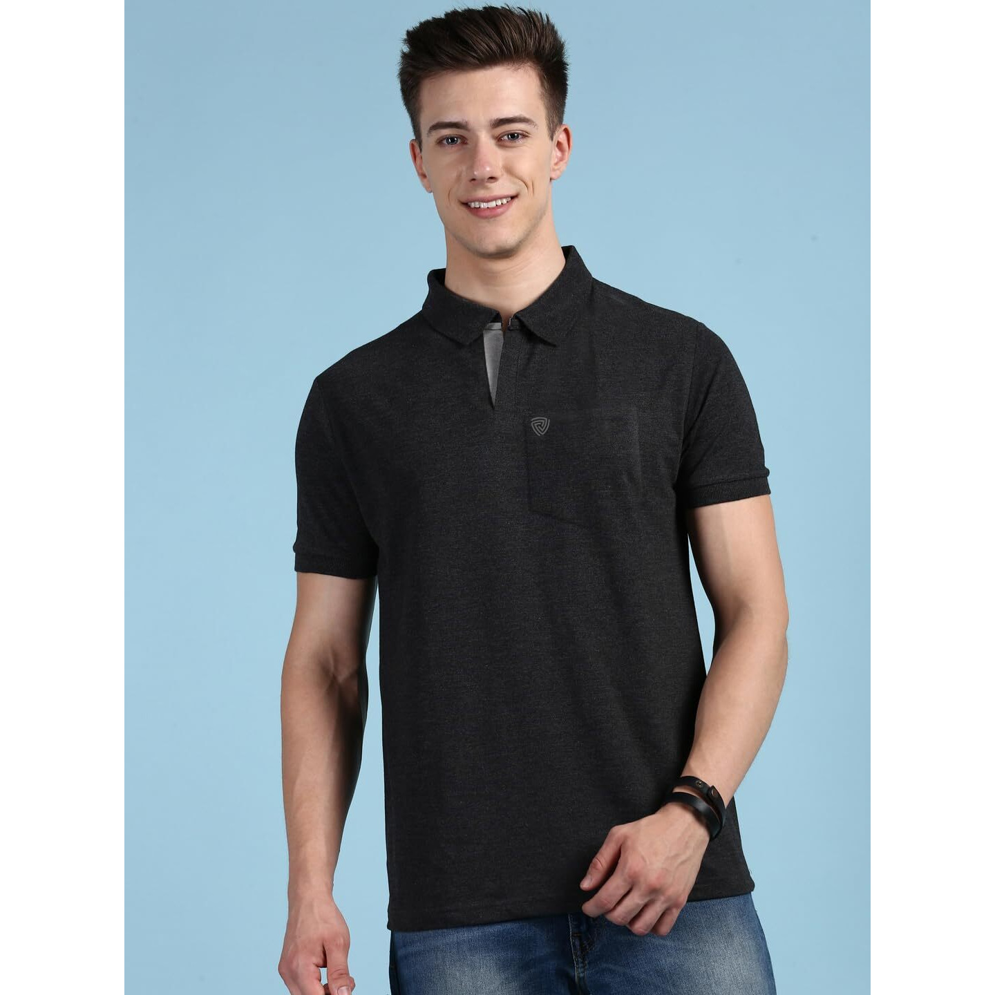 Lux Cozi Men's Half Sleeve Soild Casual T-Shirt with Chest Pocket_COZI_2122_BM_2XL_1PC Black Melange