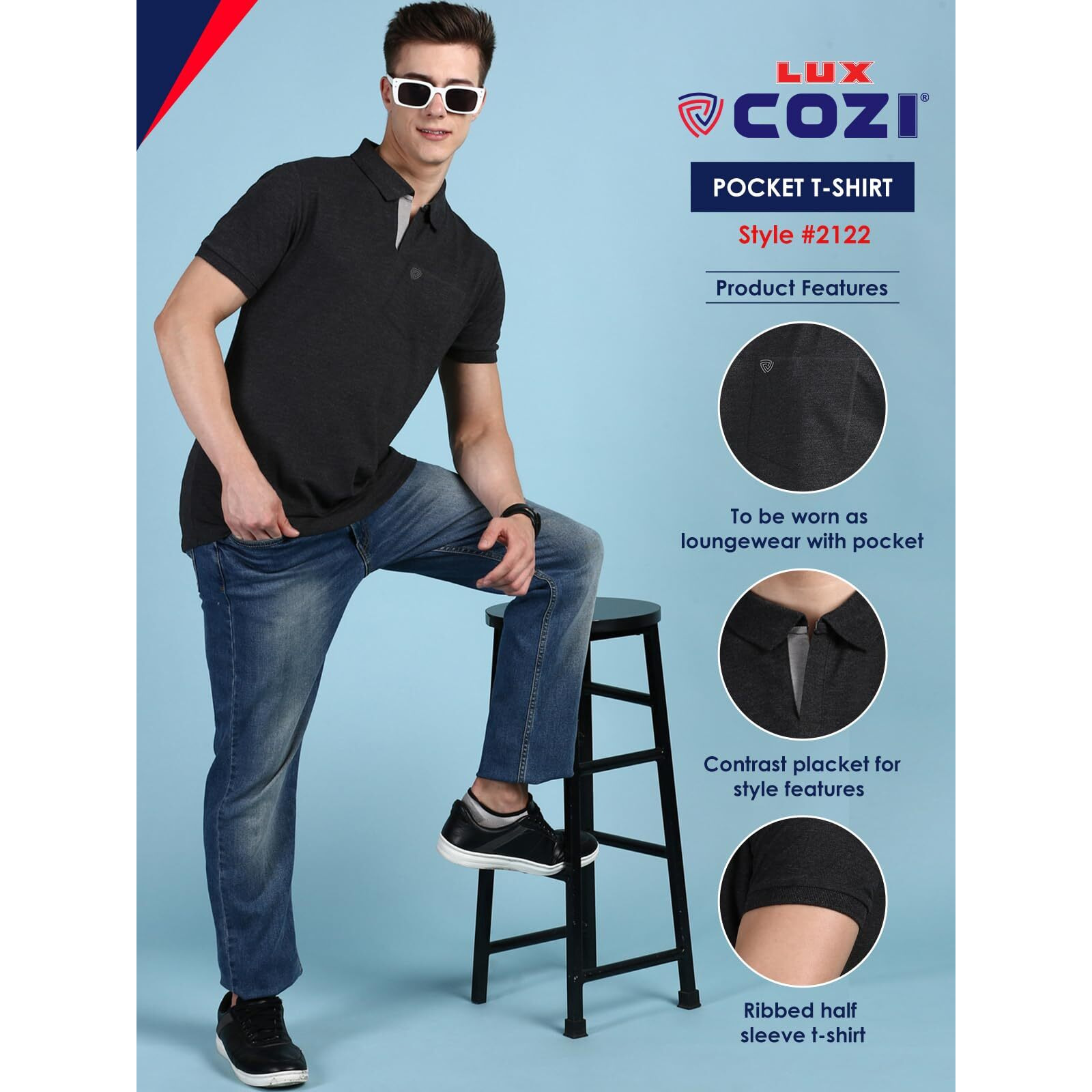 Lux Cozi Men's Half Sleeve Soild Casual T-Shirt with Chest Pocket_COZI_2122_BM_2XL_1PC Black Melange