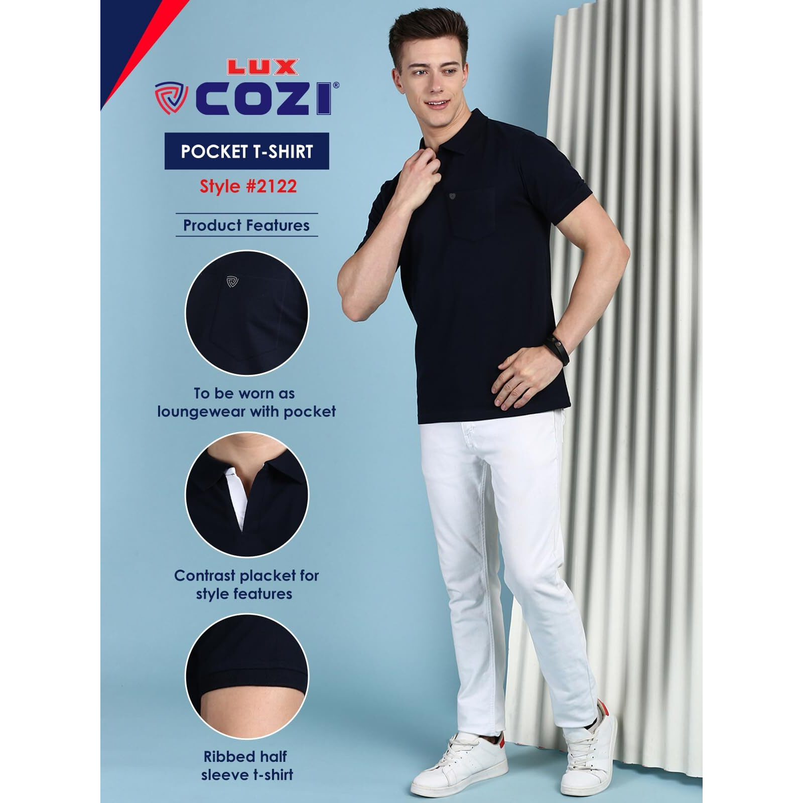 Lux Cozi Men's Half Sleeve Soild Casual T-Shirt with Chest Pocket_COZI_2122_NB_M_1PC Navy