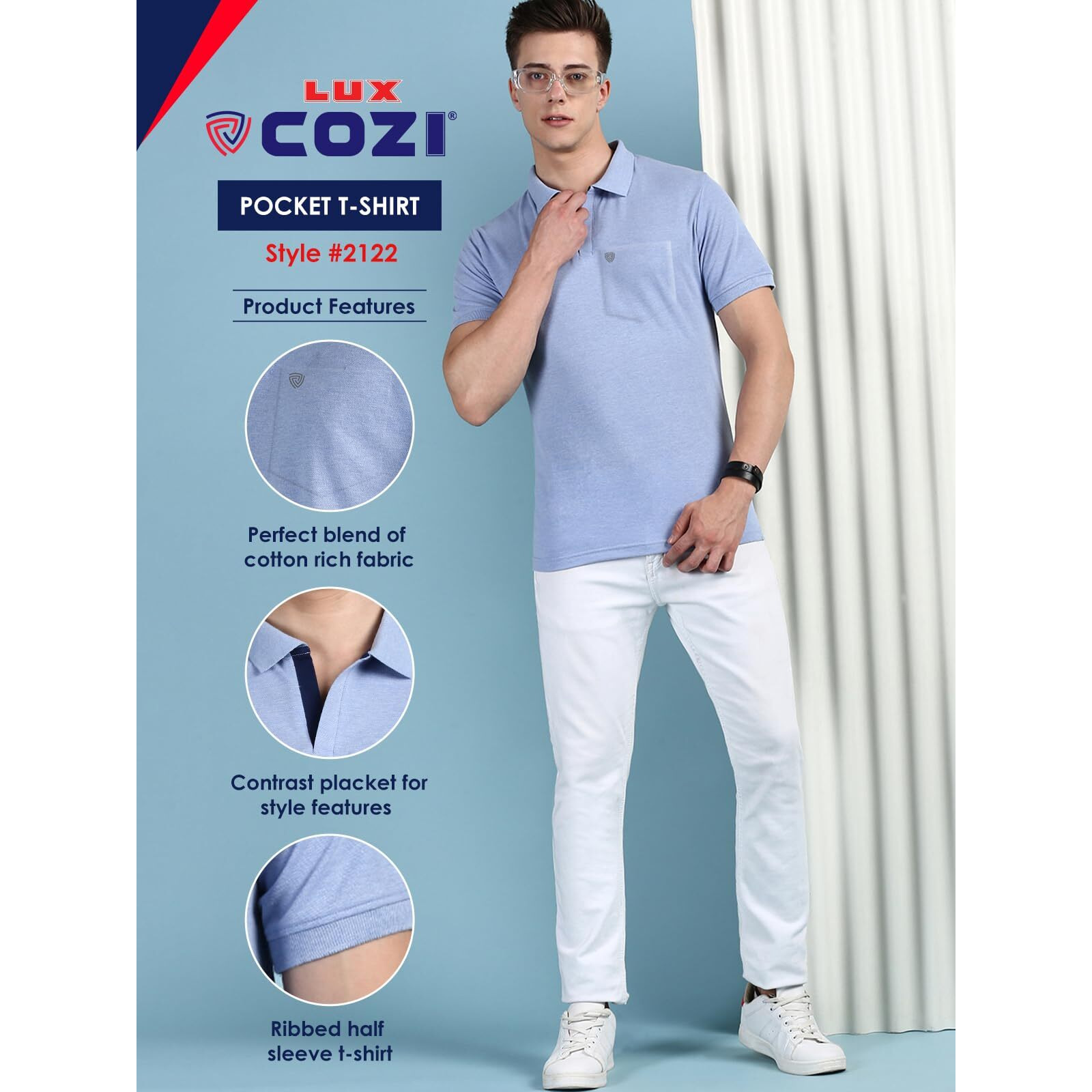 Lux Cozi Men's Half Sleeve Soild Casual T-Shirt with Chest Pocket_COZI_2122_OXBLU_L_1PC Oxford Blue