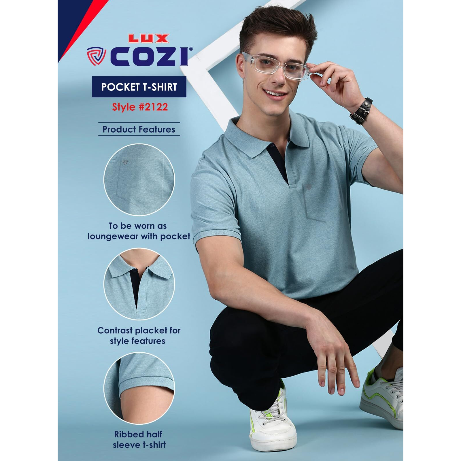 Lux Cozi Men's Half Sleeve Soild Casual T-Shirt with Chest Pocket_COZI_2122_PALGN_M_1PC Pale Green