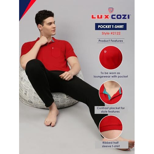Lux Cozi Men's Half Sleeve Soild Casual T-Shirt with Chest Pocket_COZI_2122_RD_XL_1PC Red
