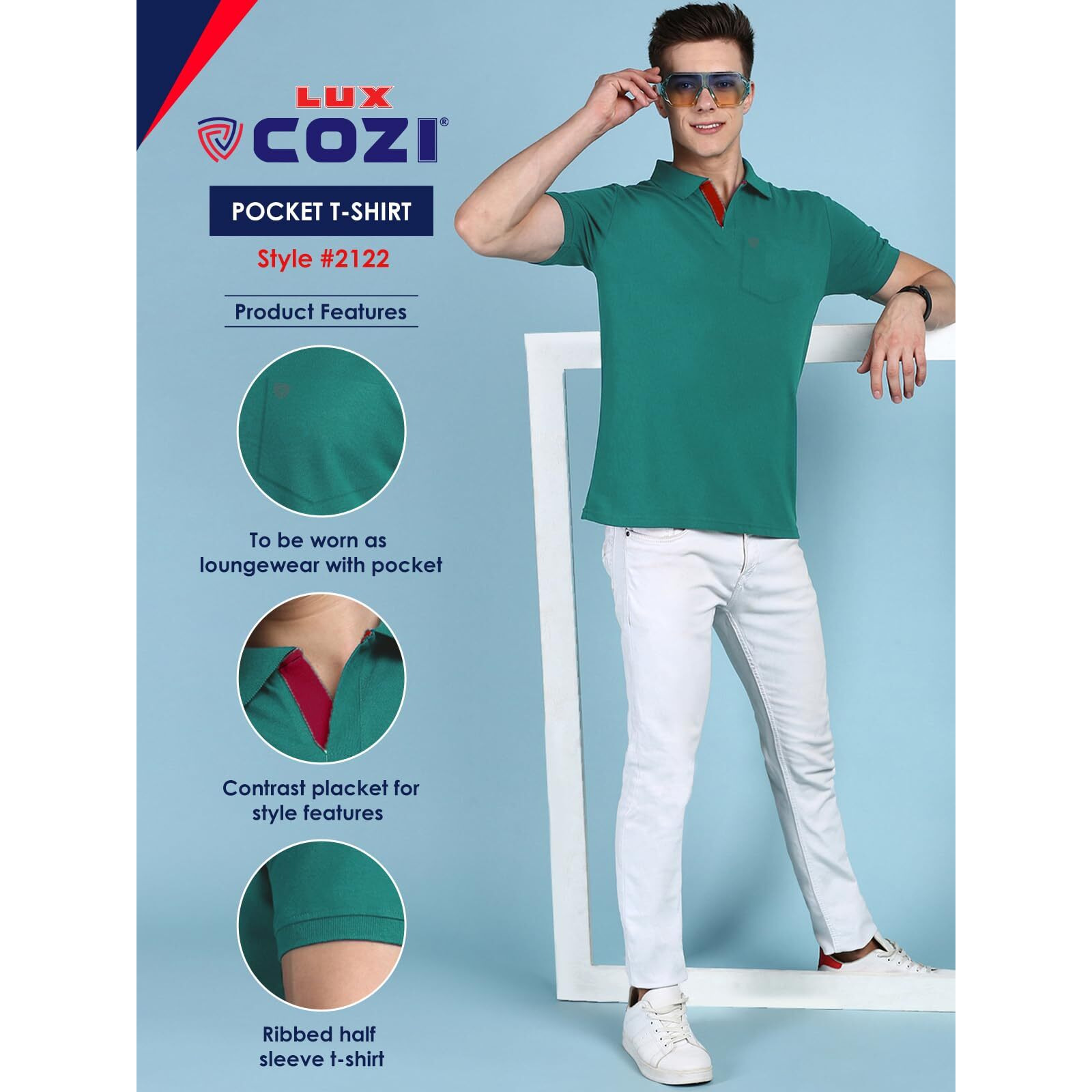 Lux Cozi Men's Half Sleeve Soild Casual T-Shirt with Chest Pocket_COZI_2122_SGN_XL_1PC Sea Green
