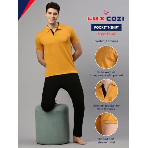 Lux Cozi Men's Half Sleeve Soild Casual T-Shirt with Chest Pocket_COZI_2122_MST_M_1PC Mustard