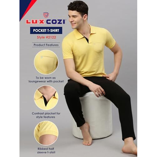 Lux Cozi Men's Half Sleeve Soild Casual T-Shirt with Chest Pocket_COZI_2122_YLW_XL_1PC Yellow