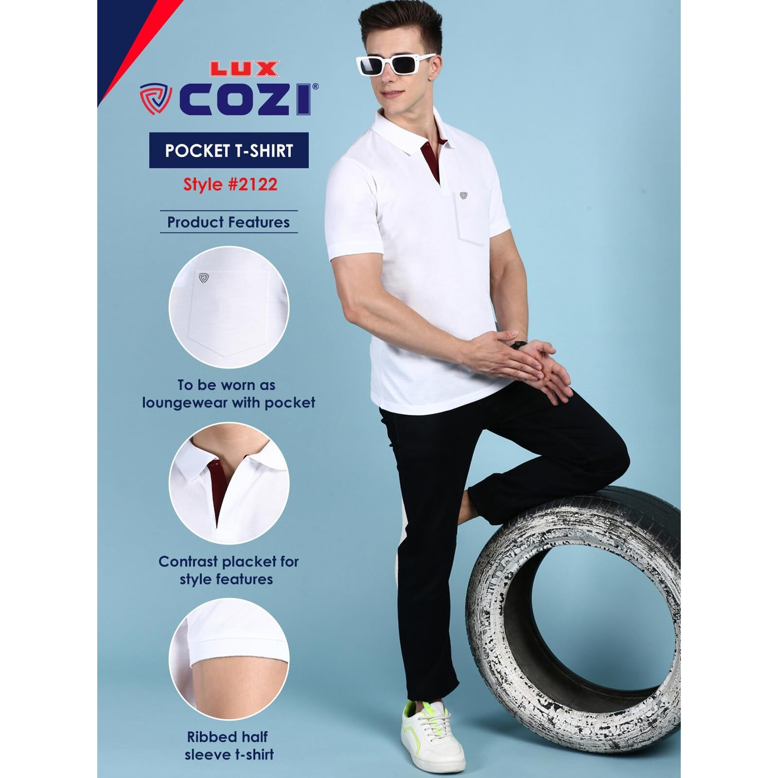 Lux Cozi Men's Half Sleeve Soild Casual T-Shirt with Chest Pocket_COZI_2122_WH_L_1PC White