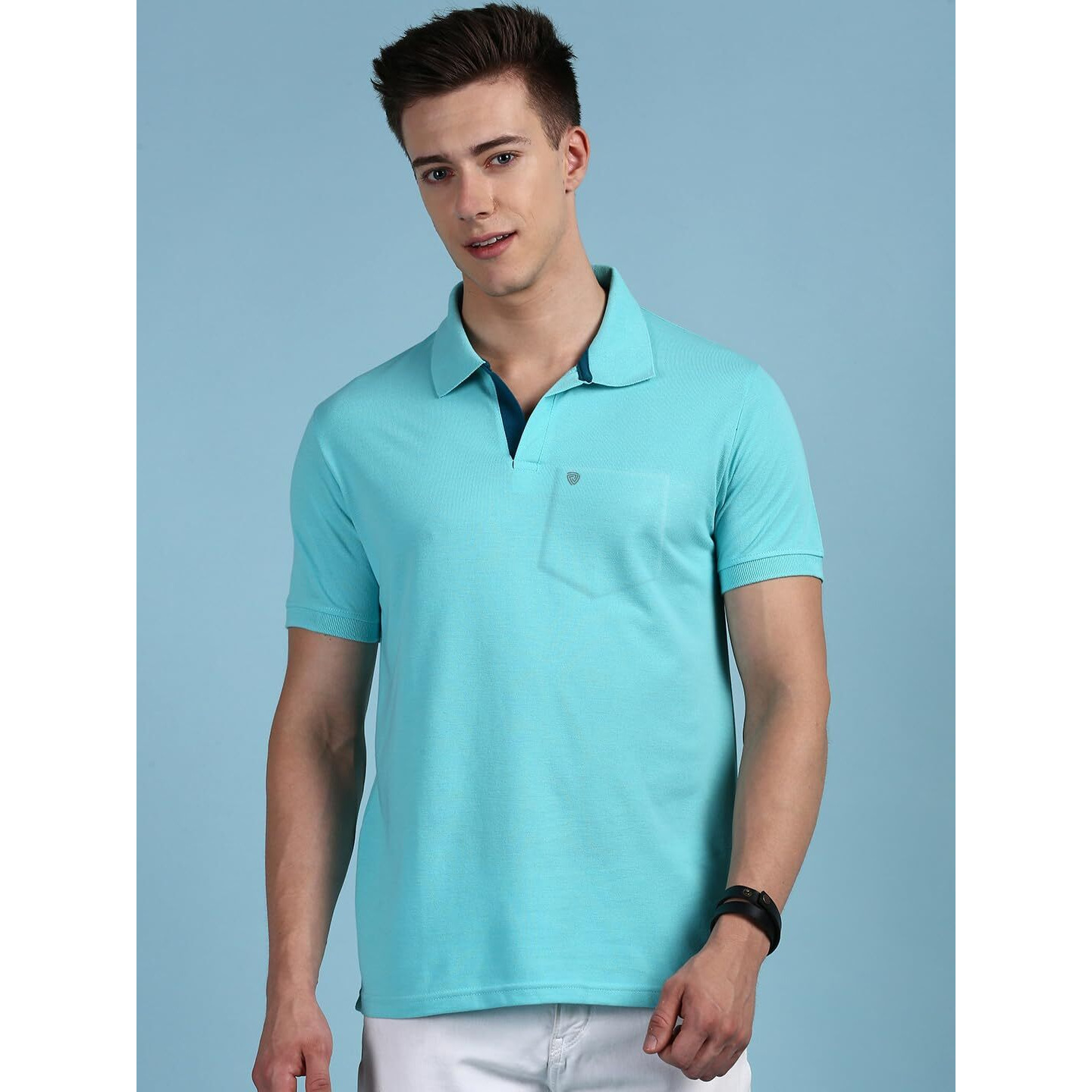 Lux Cozi Men's Half Sleeve Soild Casual T-Shirt with Chest Pocket_COZI_2122_POOLBU_2XL_1PC Pool Blue