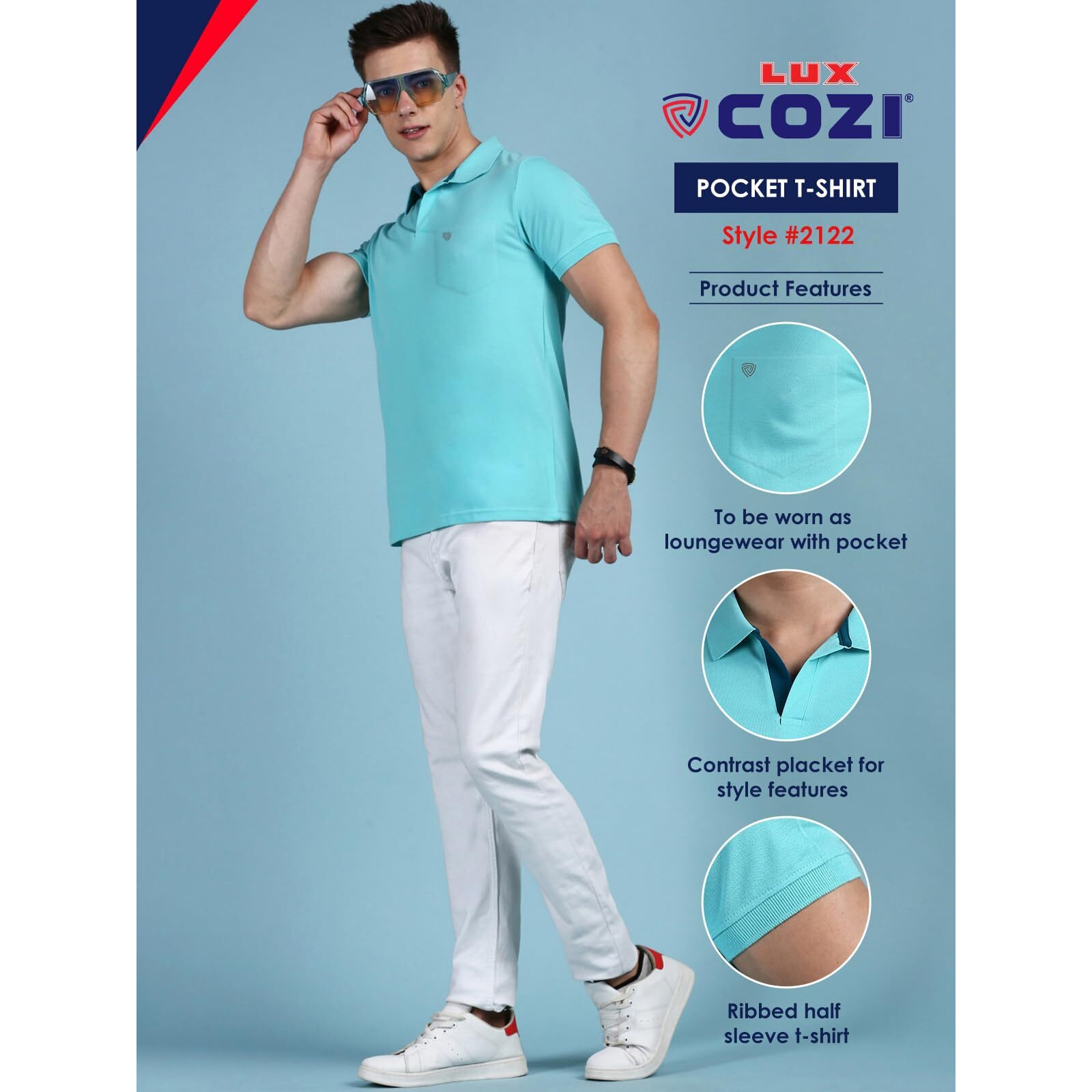 Lux Cozi Men's Half Sleeve Soild Casual T-Shirt with Chest Pocket_COZI_2122_POOLBU_2XL_1PC Pool Blue