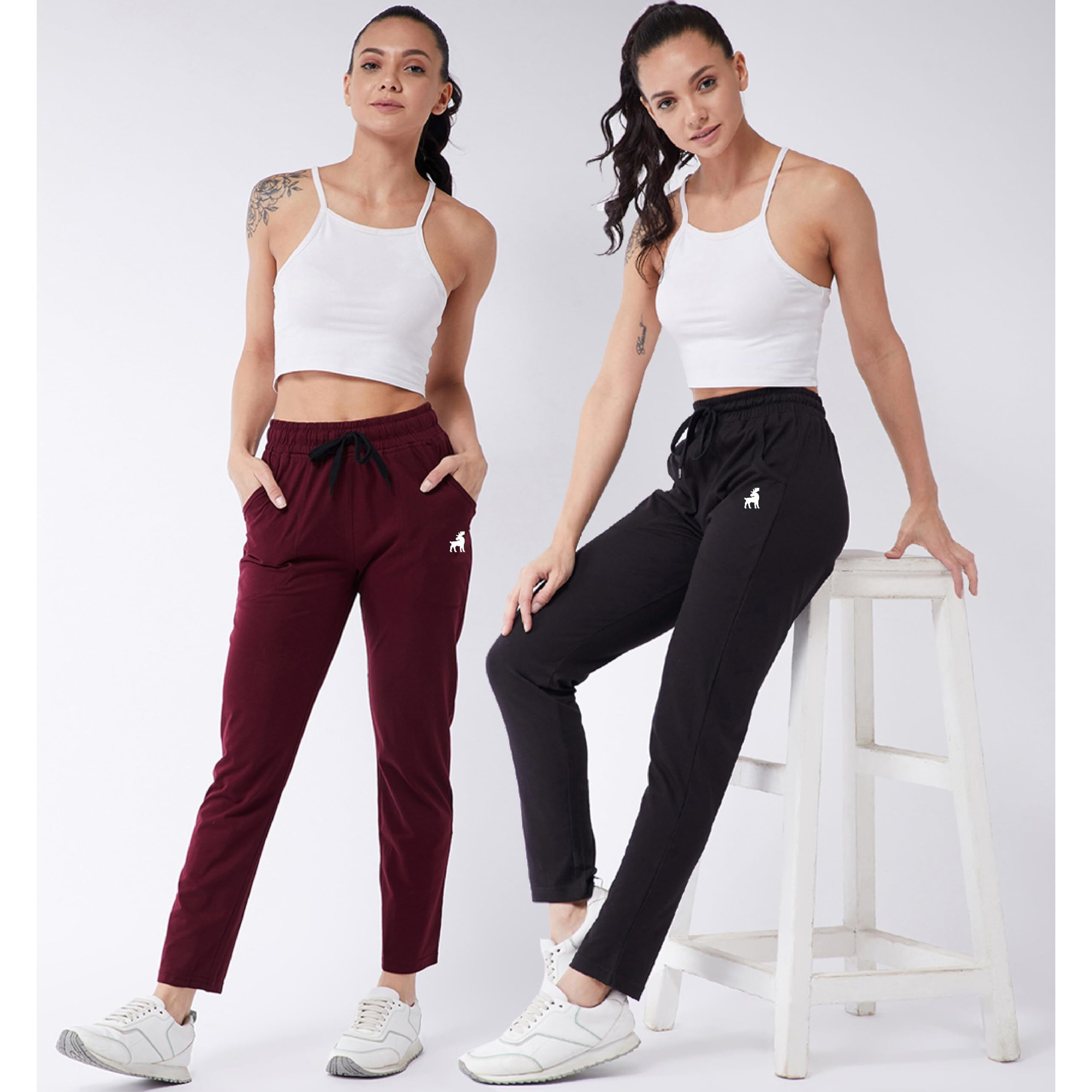 Modeve  Women Cotton Blend Pack of 2 Track Pant for Summer || Women Lower || Women Pyjama || Lounge Pants_Black and Wine_Medium