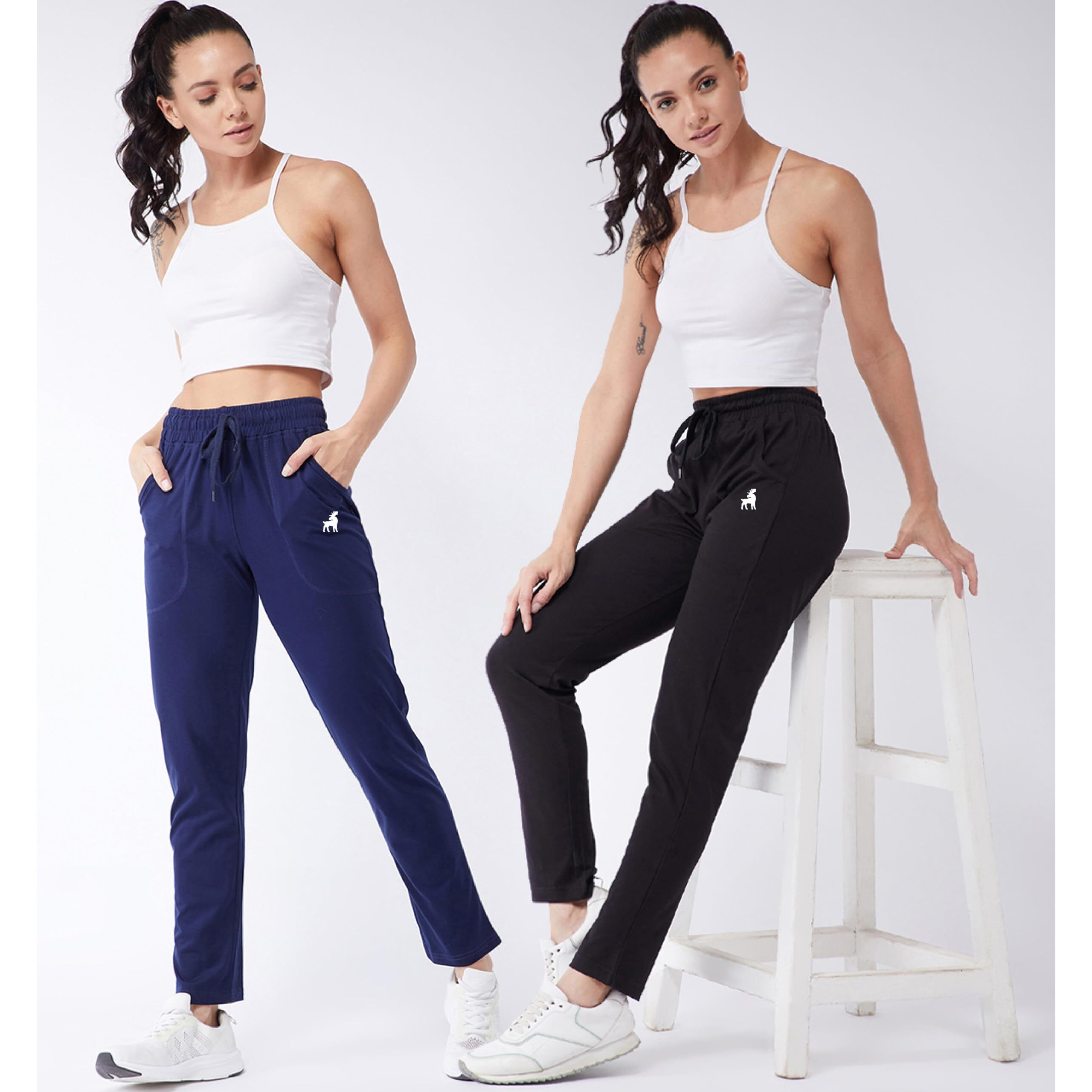 Modeve  Women Cotton Blend Pack of 2 Track Pant for Summer || Women Lower || Women Pyjama || Lounge Pants_Black and Navy_Medium