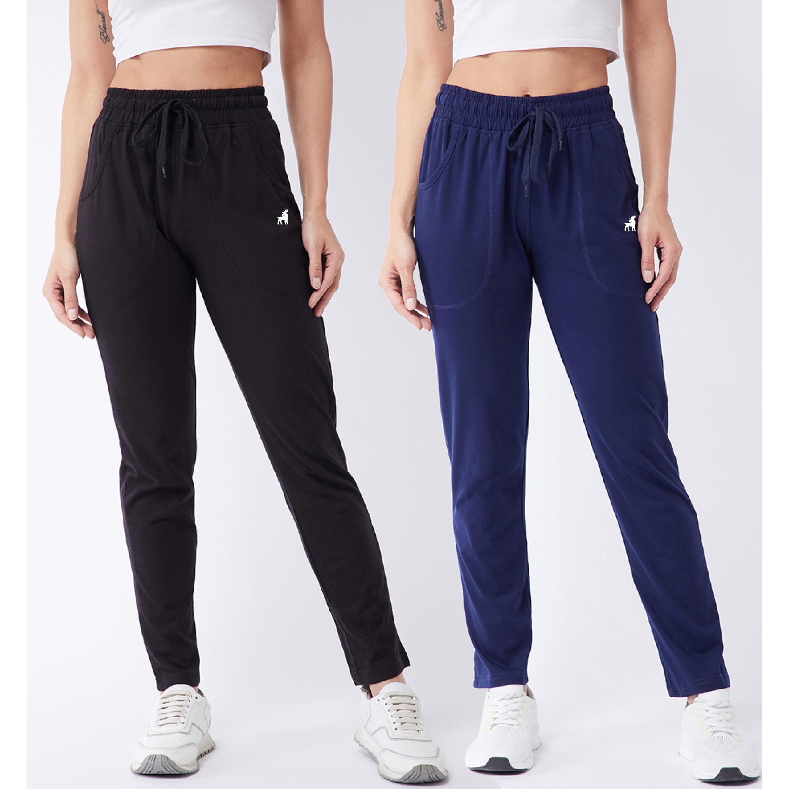 Modeve  Women Cotton Blend Pack of 2 Track Pant for Summer || Women Lower || Women Pyjama || Lounge Pants_Black and Navy_Medium