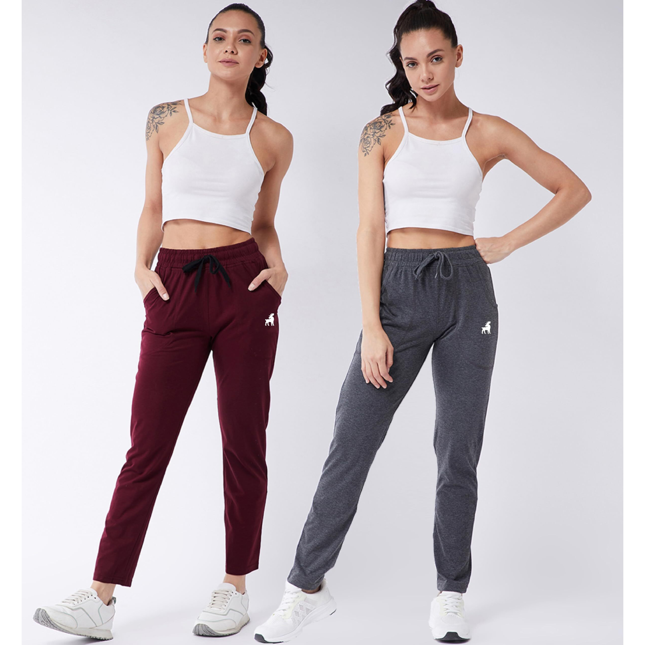 Modeve  Women Cotton Blend Pack of 2 Track Pant for Summer || Women Lower || Women Pyjama || Lounge Pants_Grey and Wine_Medium