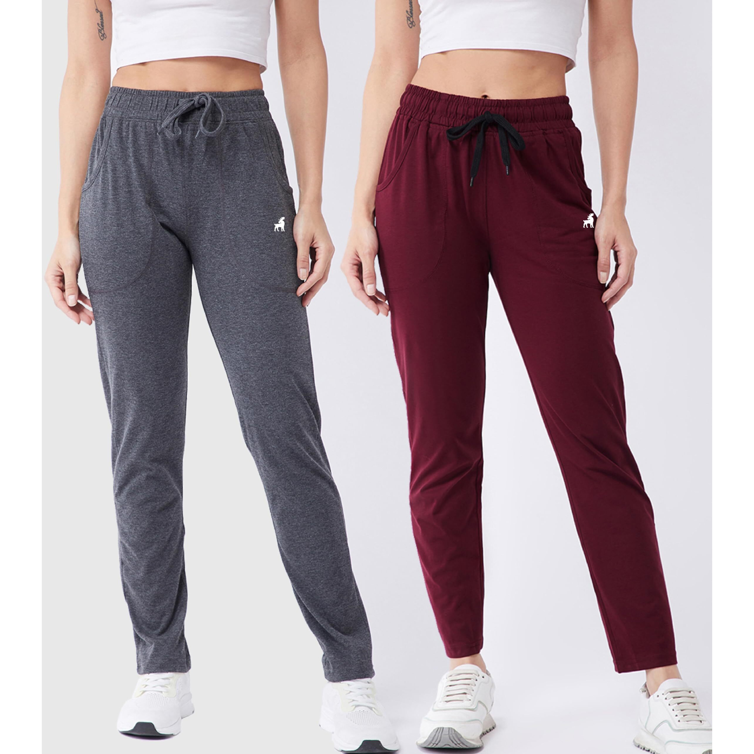 Modeve  Women Cotton Blend Pack of 2 Track Pant for Summer || Women Lower || Women Pyjama || Lounge Pants_Grey and Wine_Medium
