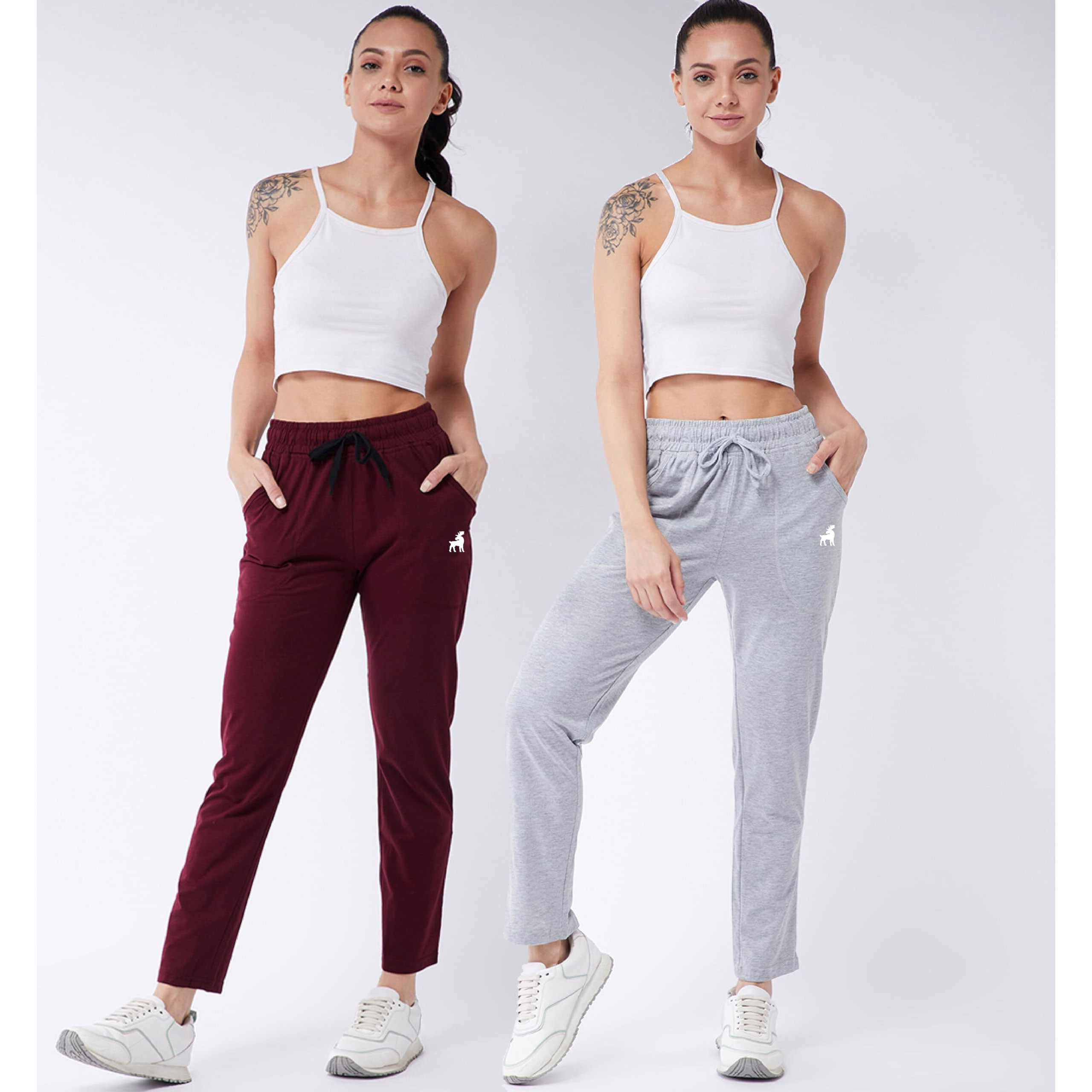 Modeve  Women Cotton Blend Pack of 2 Track Pant for Summer || Women Lower || Women Pyjama || Lounge Pants_Light Grey and Wine_Medium