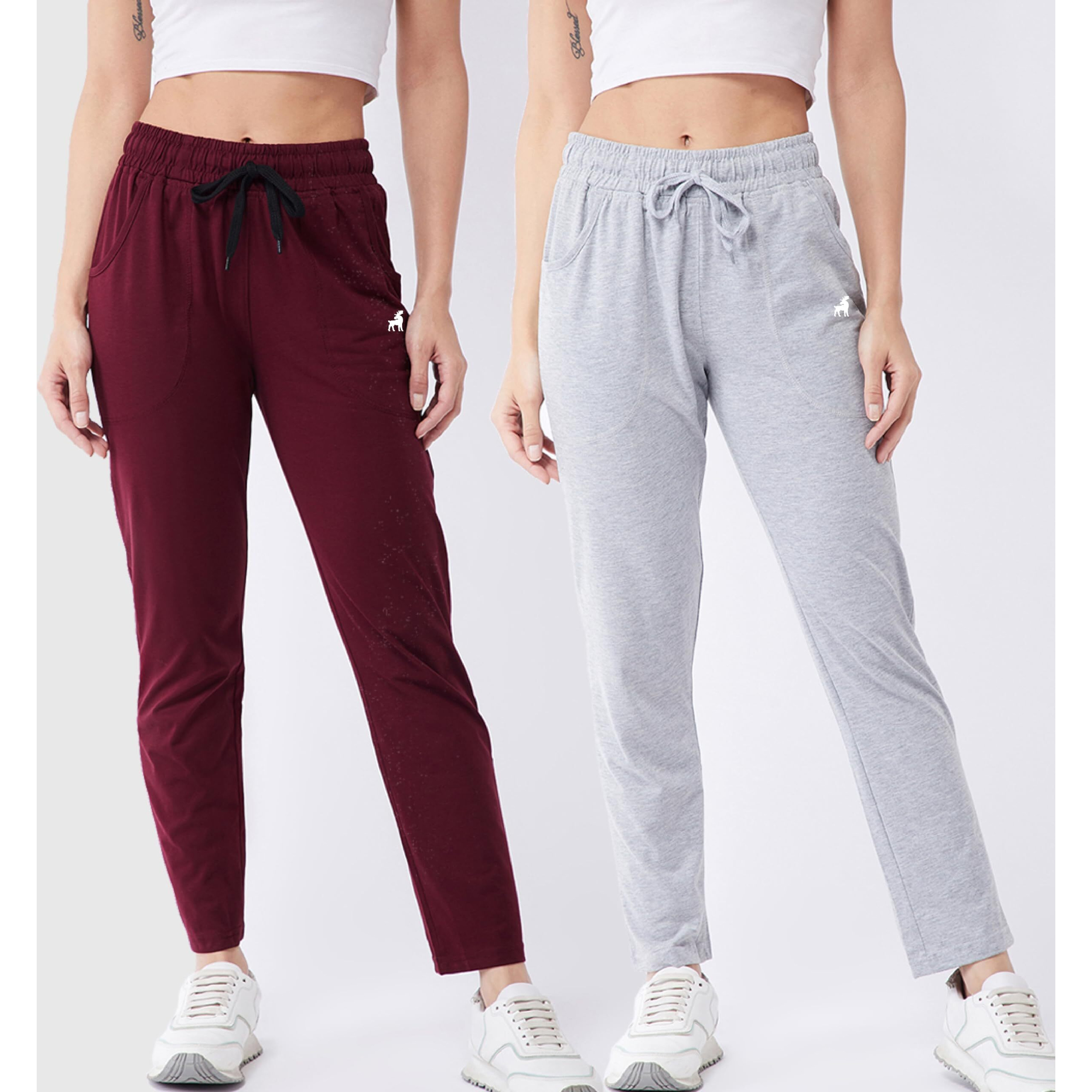 Modeve  Women Cotton Blend Pack of 2 Track Pant for Summer || Women Lower || Women Pyjama || Lounge Pants_Light Grey and Wine_Medium
