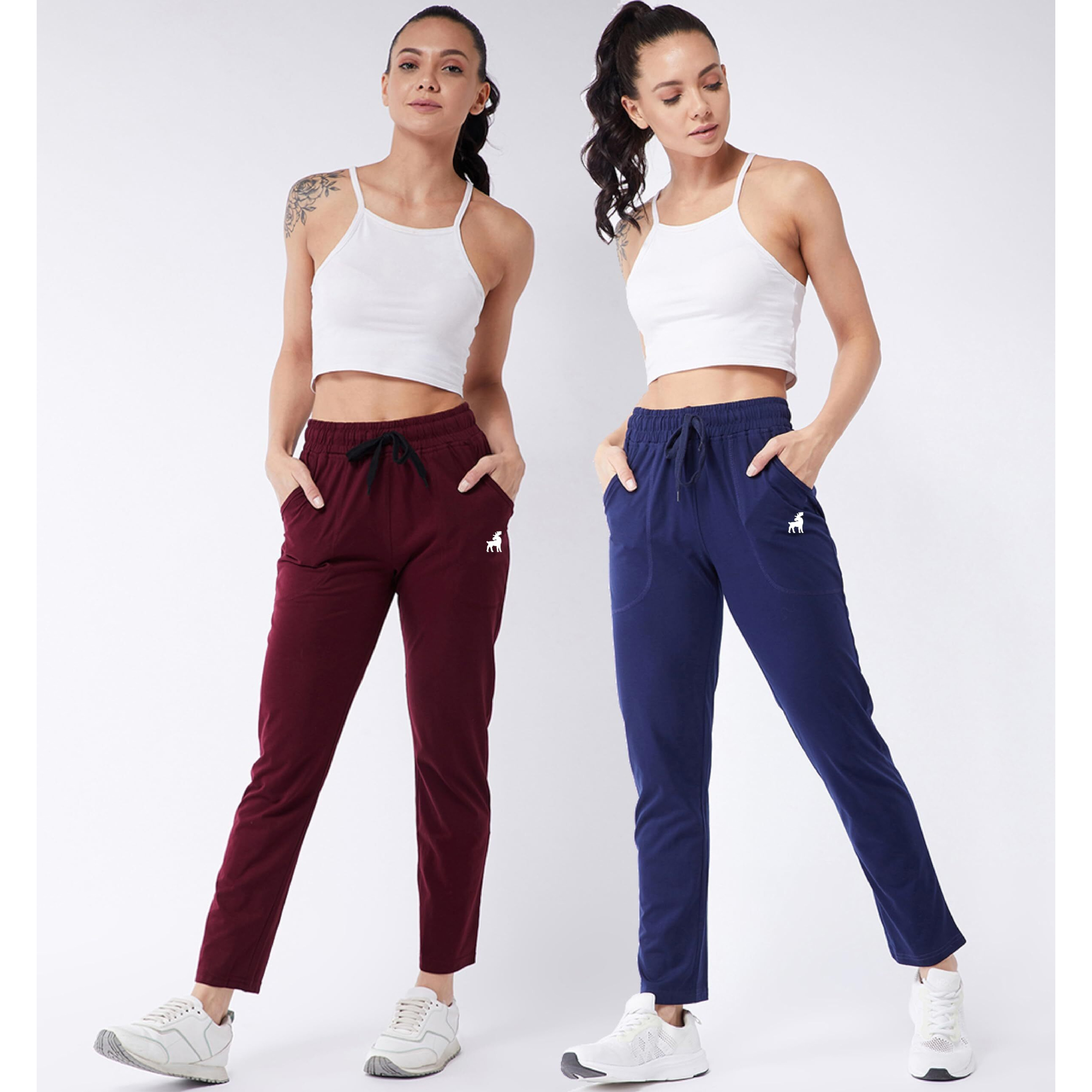 Modeve  Women Cotton Blend Pack of 2 Track Pant for Summer || Women Lower || Women Pyjama || Lounge Pants_Navy and Wine_Large