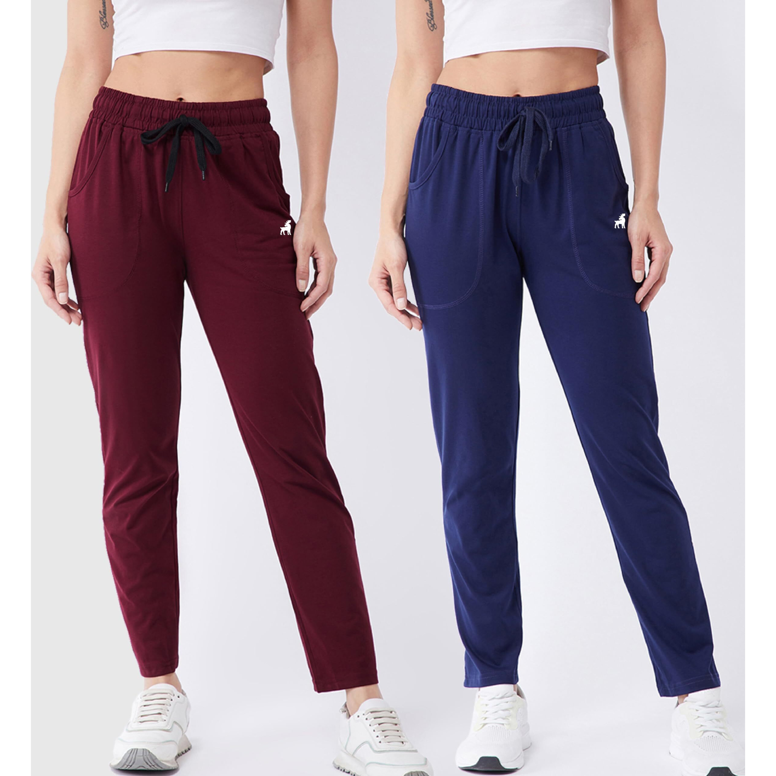 Modeve  Women Cotton Blend Pack of 2 Track Pant for Summer || Women Lower || Women Pyjama || Lounge Pants_Navy and Wine_Large