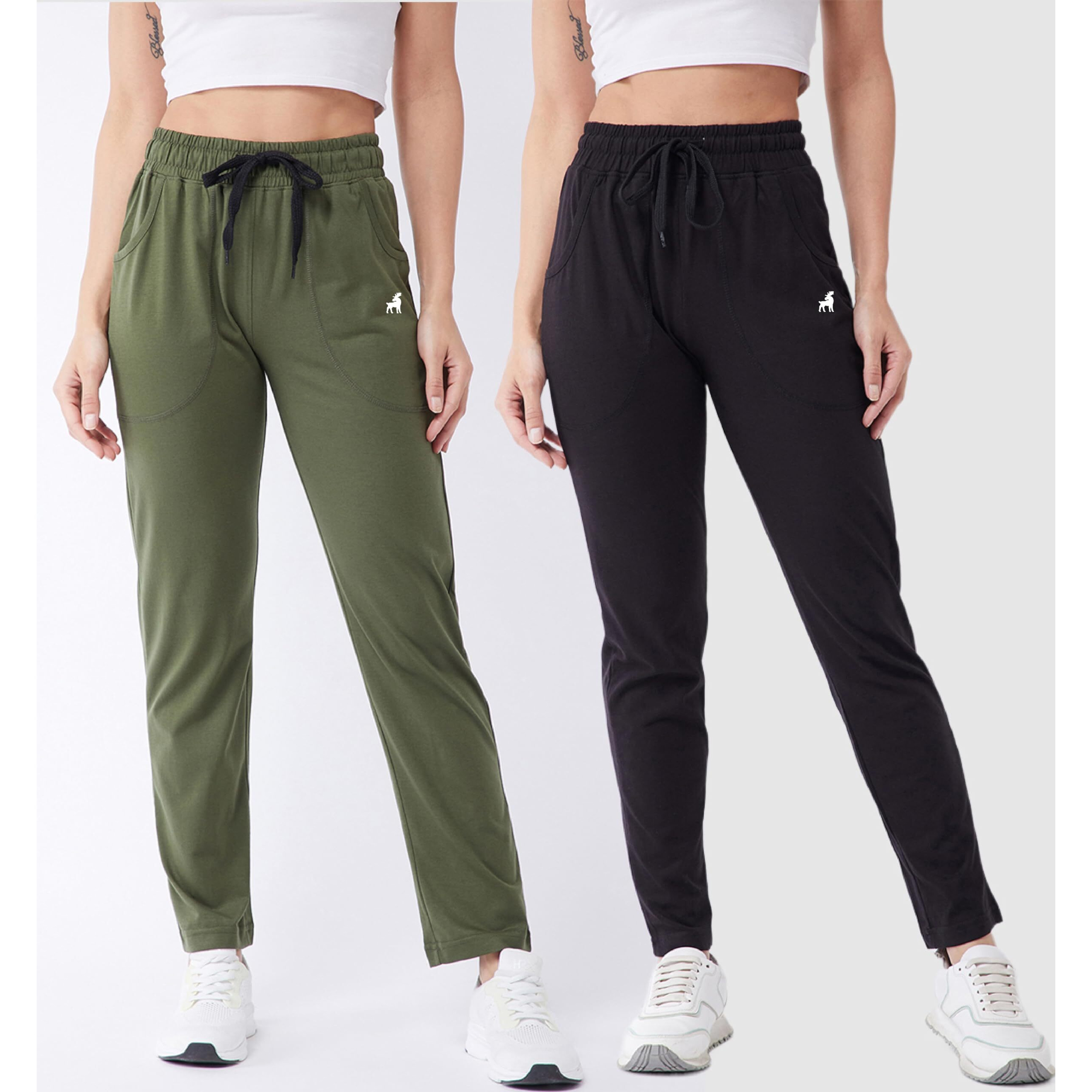 Modeve  Women Cotton Blend Pack of 2 Track Pant for Summer || Women Lower || Women Pyjama || Lounge Pants_Black and Olive_X-Large