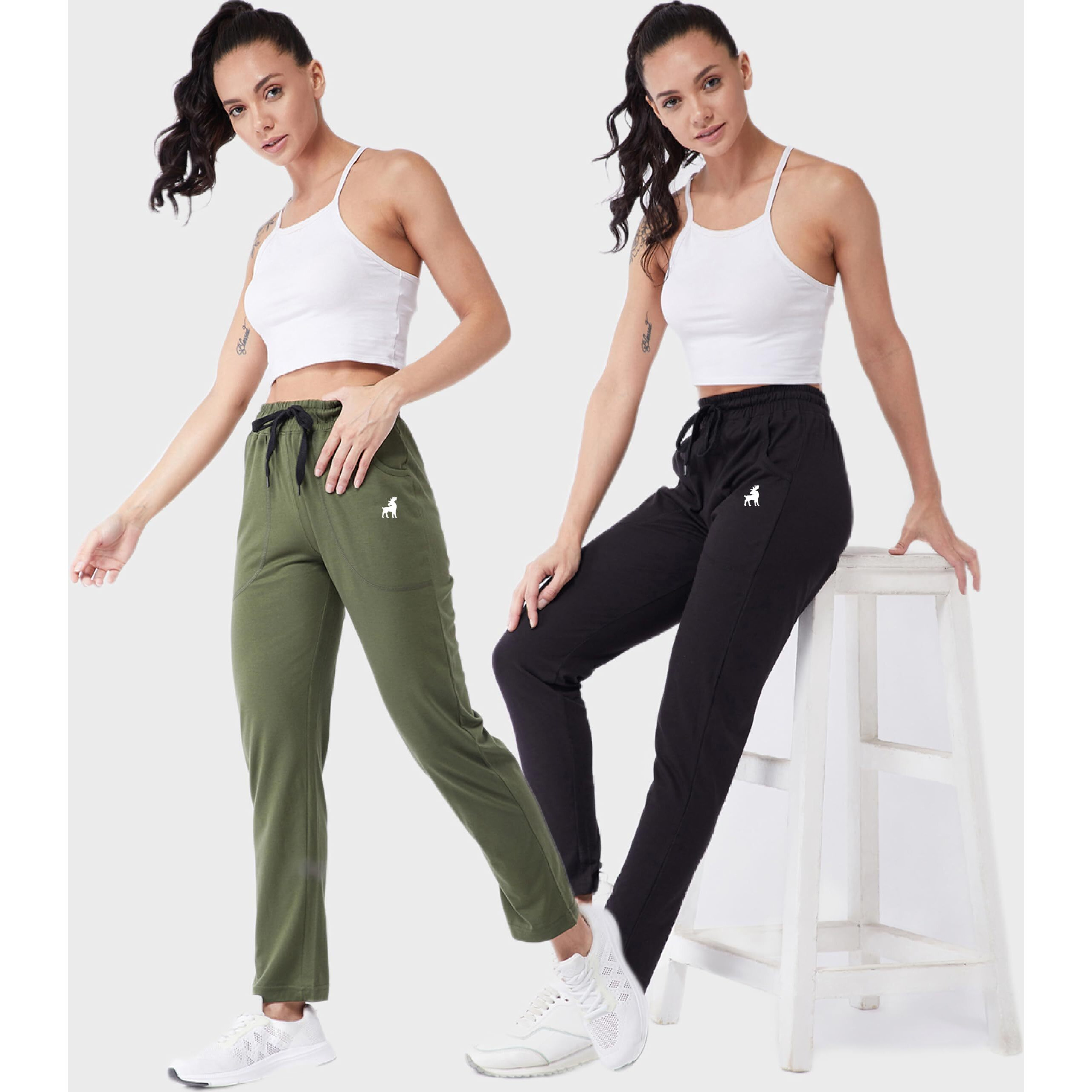 Modeve  Women Cotton Blend Pack of 2 Track Pant for Summer || Women Lower || Women Pyjama || Lounge Pants_Black and Olive_X-Large