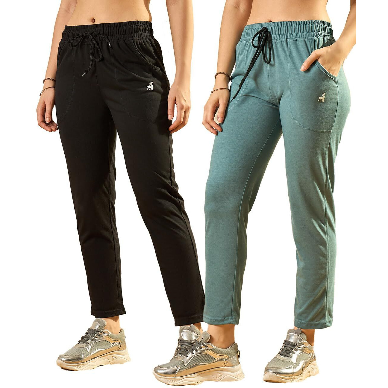 Modeve  Women Cotton Blend Pack of 2 Track Pant for Summer || Women Lower || Women Pyjama || Lounge Pants_Sage and Black_X-Large