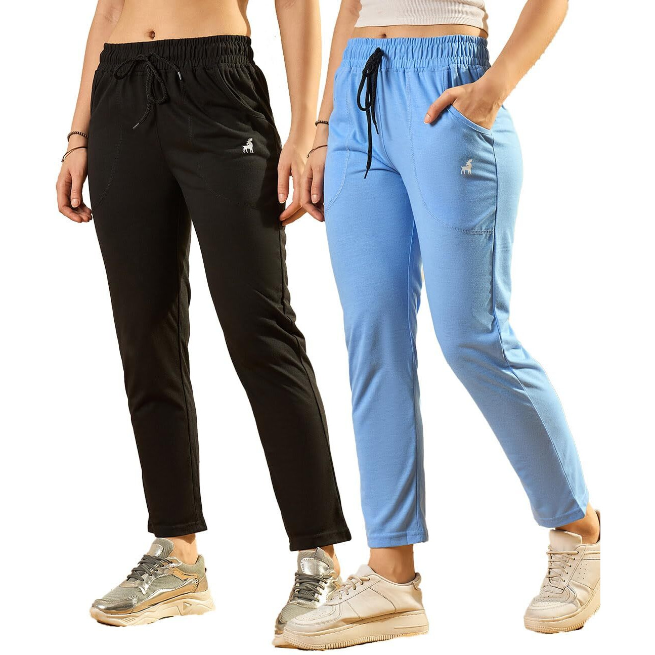 Modeve  Women Cotton Blend Pack of 2 Track Pant for Summer || Women Lower || Women Pyjama || Lounge Pants_Sky and Black_Large