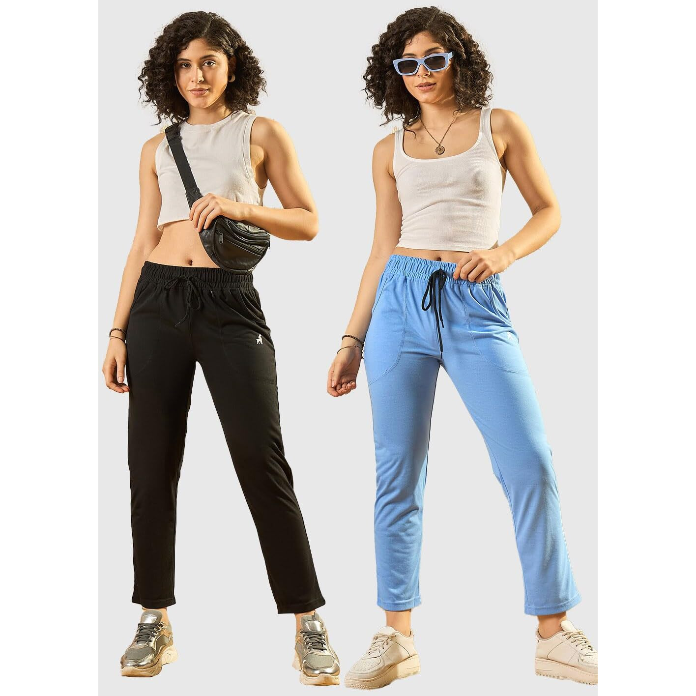 Modeve  Women Cotton Blend Pack of 2 Track Pant for Summer || Women Lower || Women Pyjama || Lounge Pants_Sky and Black_Large