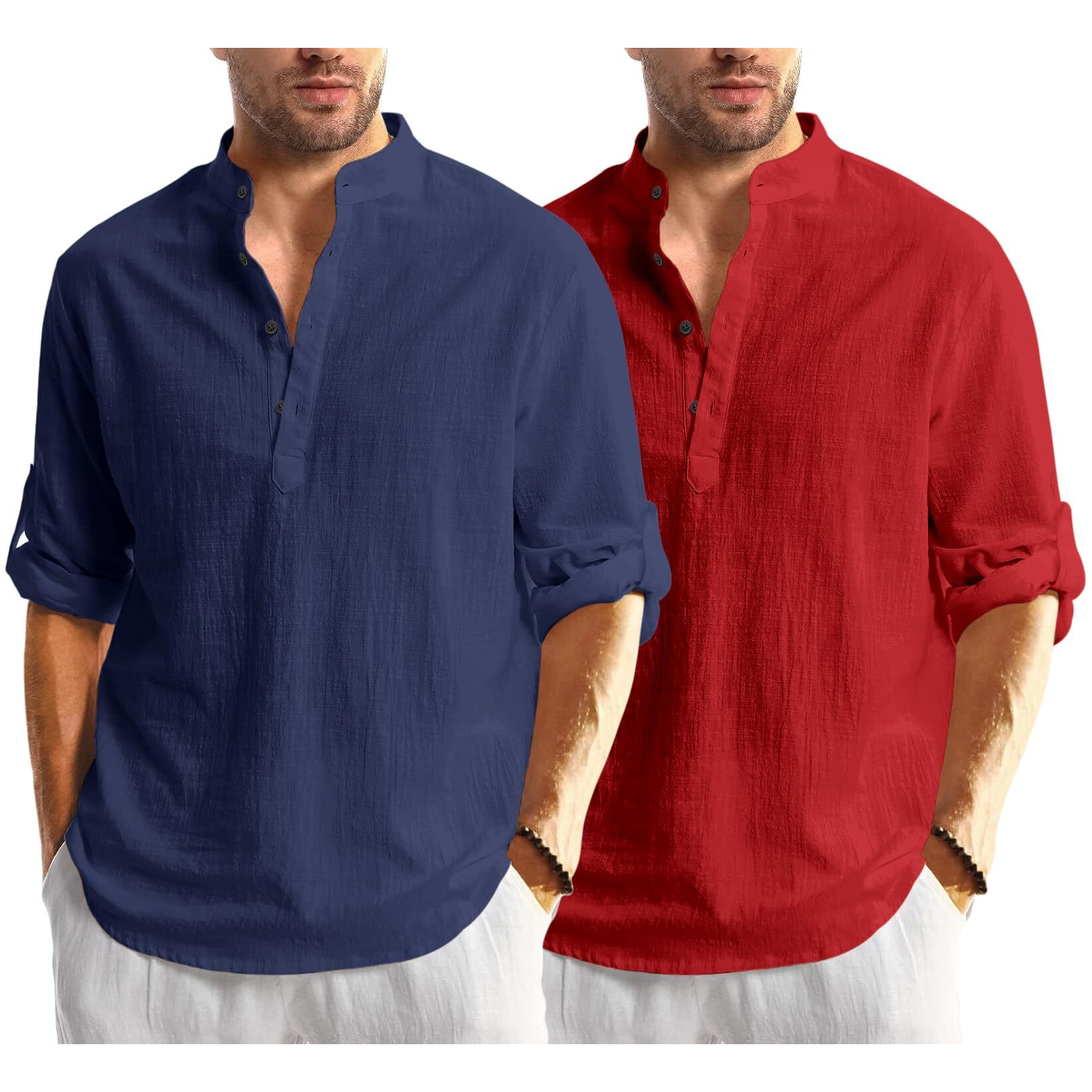Bellstone Men's Cotton Blend Solid Regular Dress Shirt (KURTA1600_Combo_Navy & Maroon_M