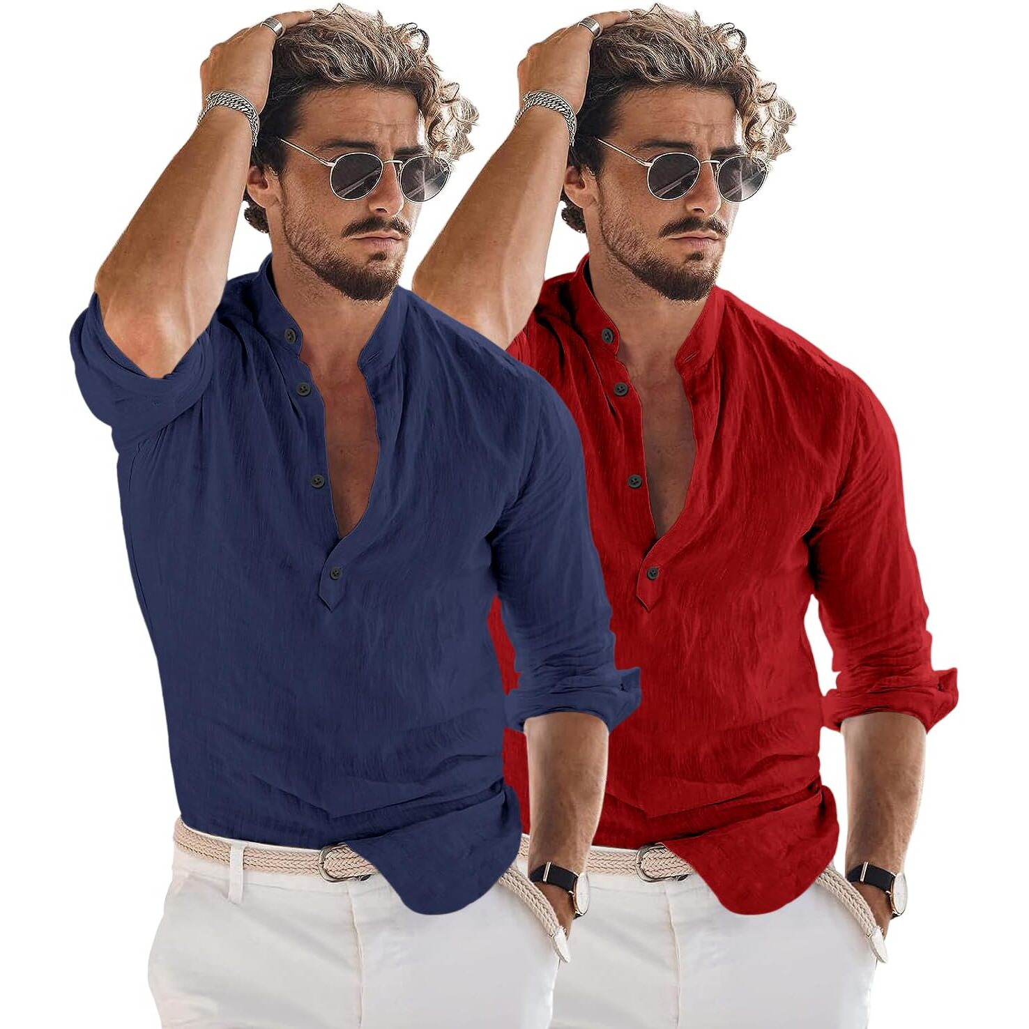 Bellstone Men's Cotton Blend Solid Regular Dress Shirt (KURTA1600_Combo_Navy & Maroon_M