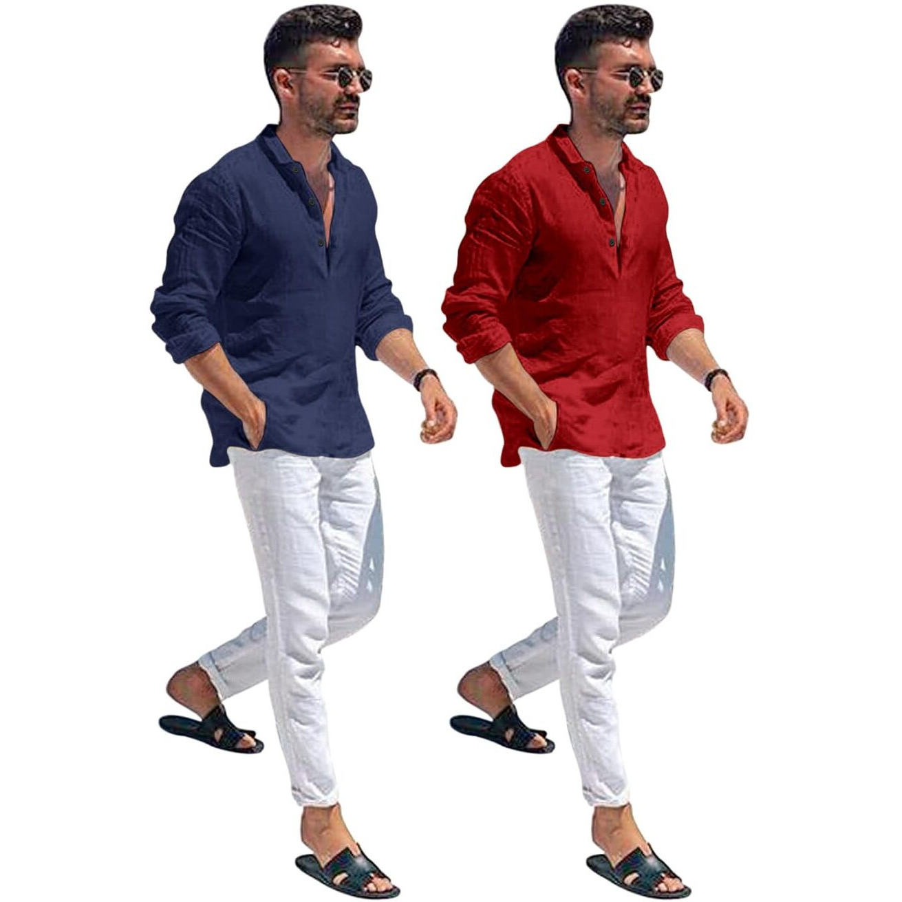 Bellstone Men's Cotton Blend Solid Regular Dress Shirt (KURTA1600_Combo_Navy & Maroon_M