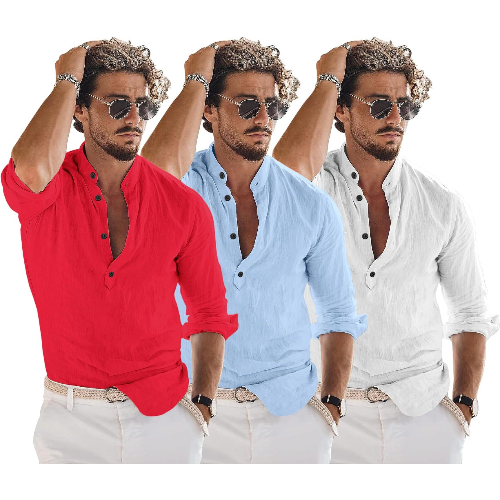 Bellstone Men's Cotton Blend Solid Regular Dress Shirt (KURTA1600_Triple_RED-Sky-White_L