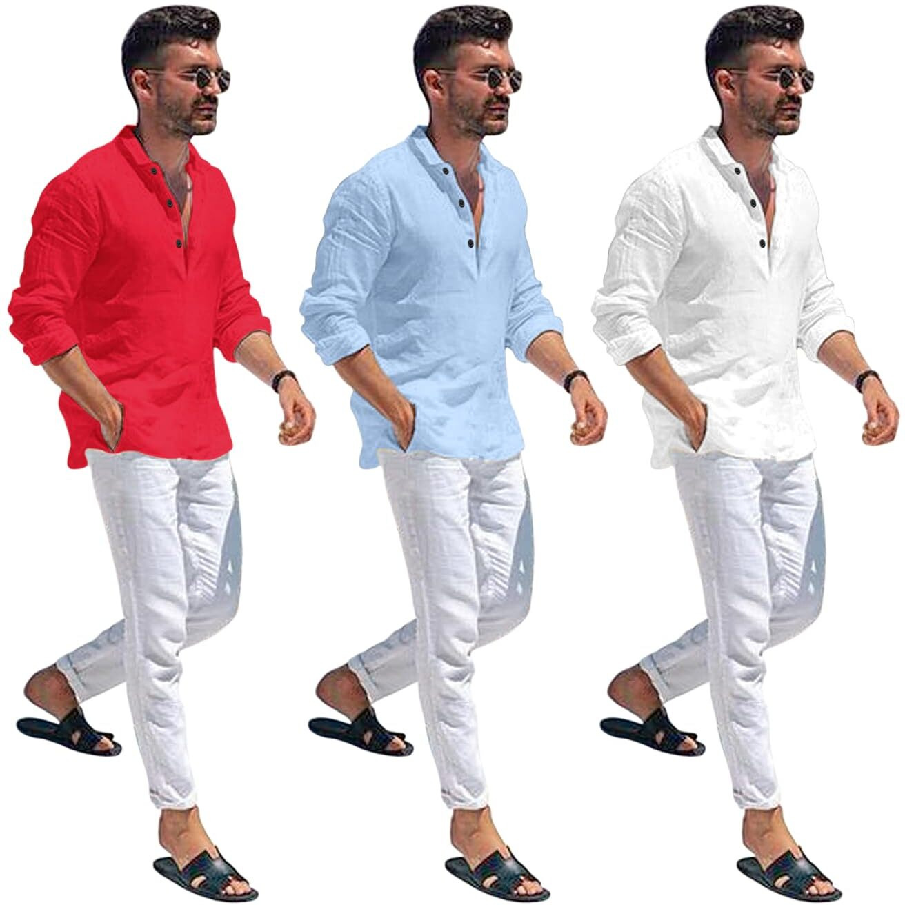 Bellstone Men's Cotton Blend Solid Regular Dress Shirt (KURTA1600_Triple_RED-Sky-White_L