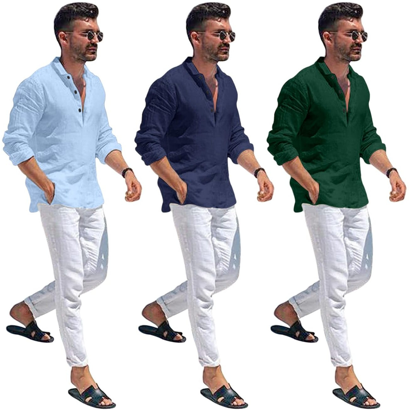 Bellstone Men's Cotton Blend Solid Regular Dress Shirt (KURTA1600_Triple_Sky-Navy-DarkGreen_M