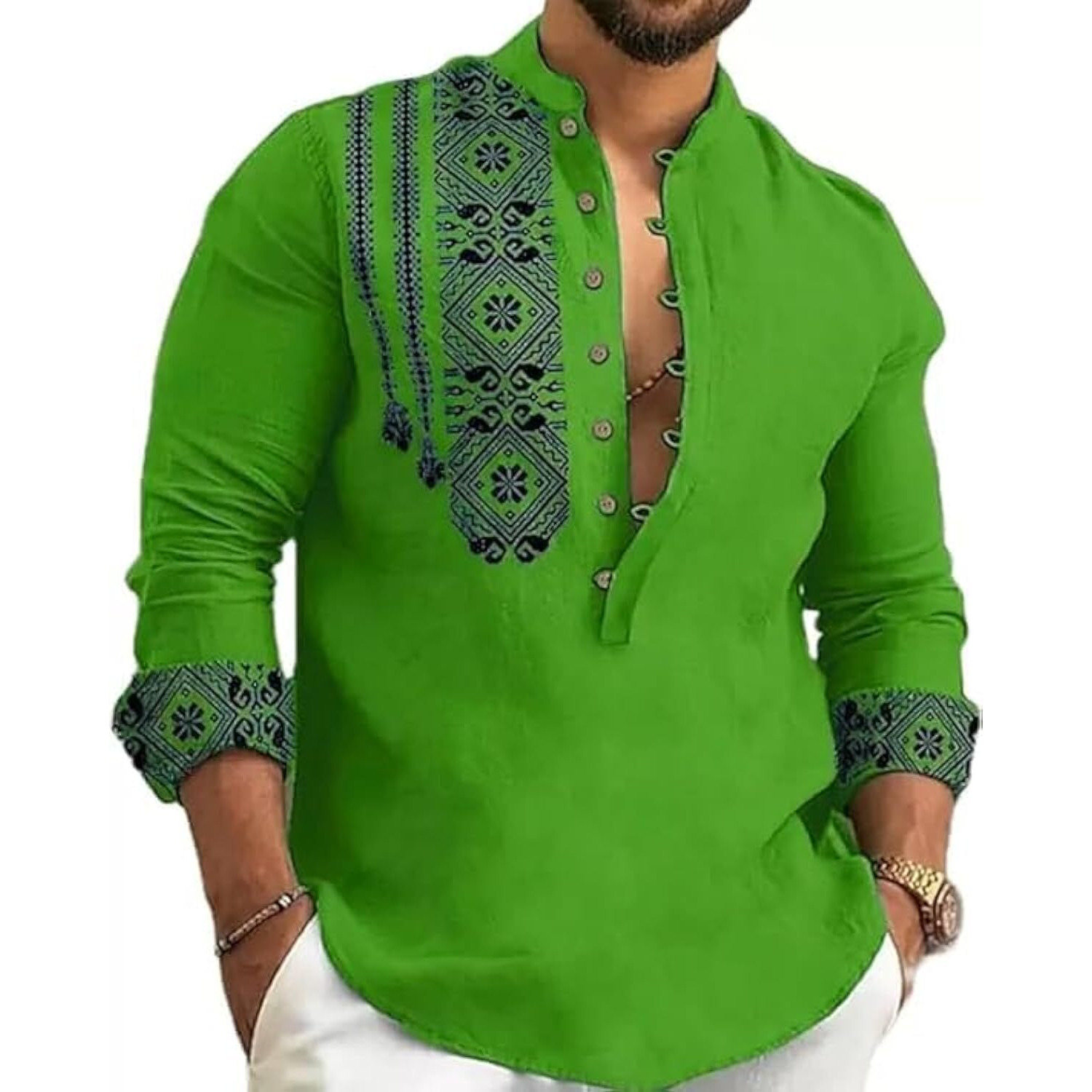 DEELMO Men's Cotton Blend Mandarin Collar Self One Design Full Sleeve Casual Short Kurta Green