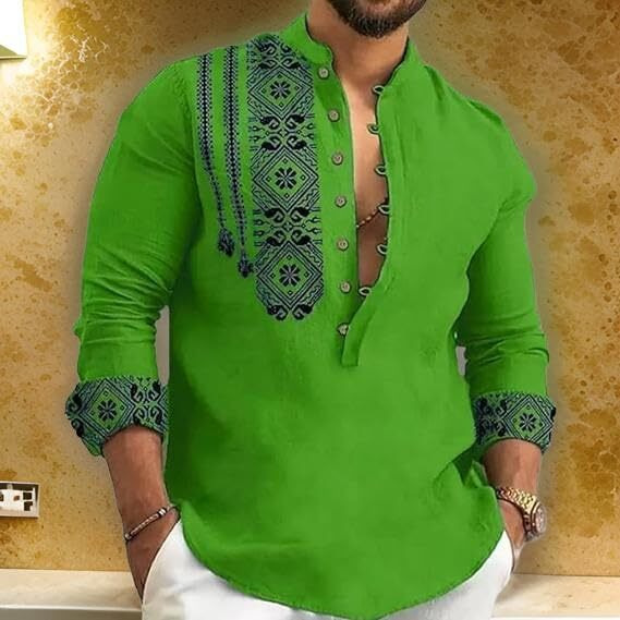 DEELMO Men's Cotton Blend Mandarin Collar Self One Design Full Sleeve Casual Short Kurta Green