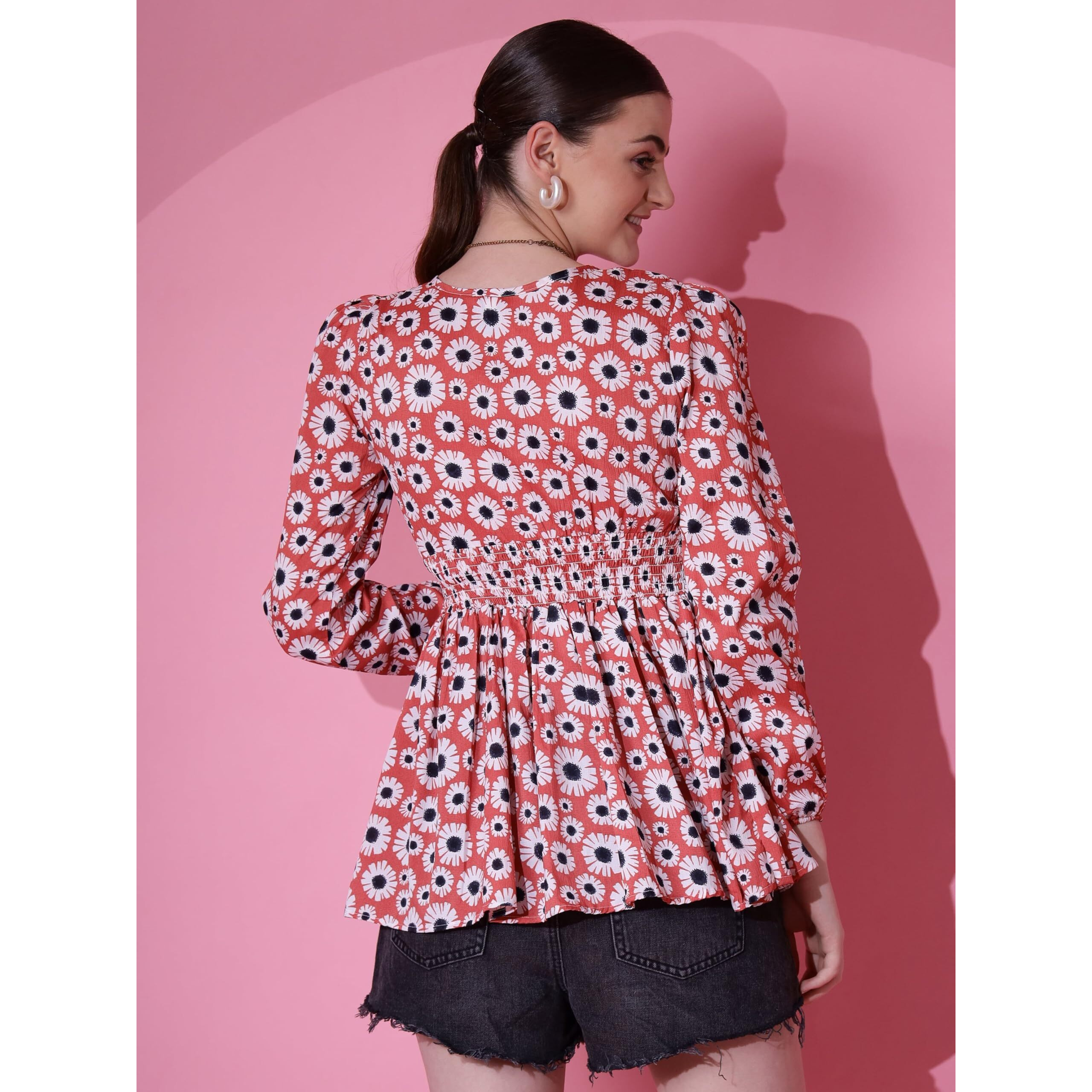 Sheetal Associates Women's Casual Puff Sleeves Floral Print Peplum Top